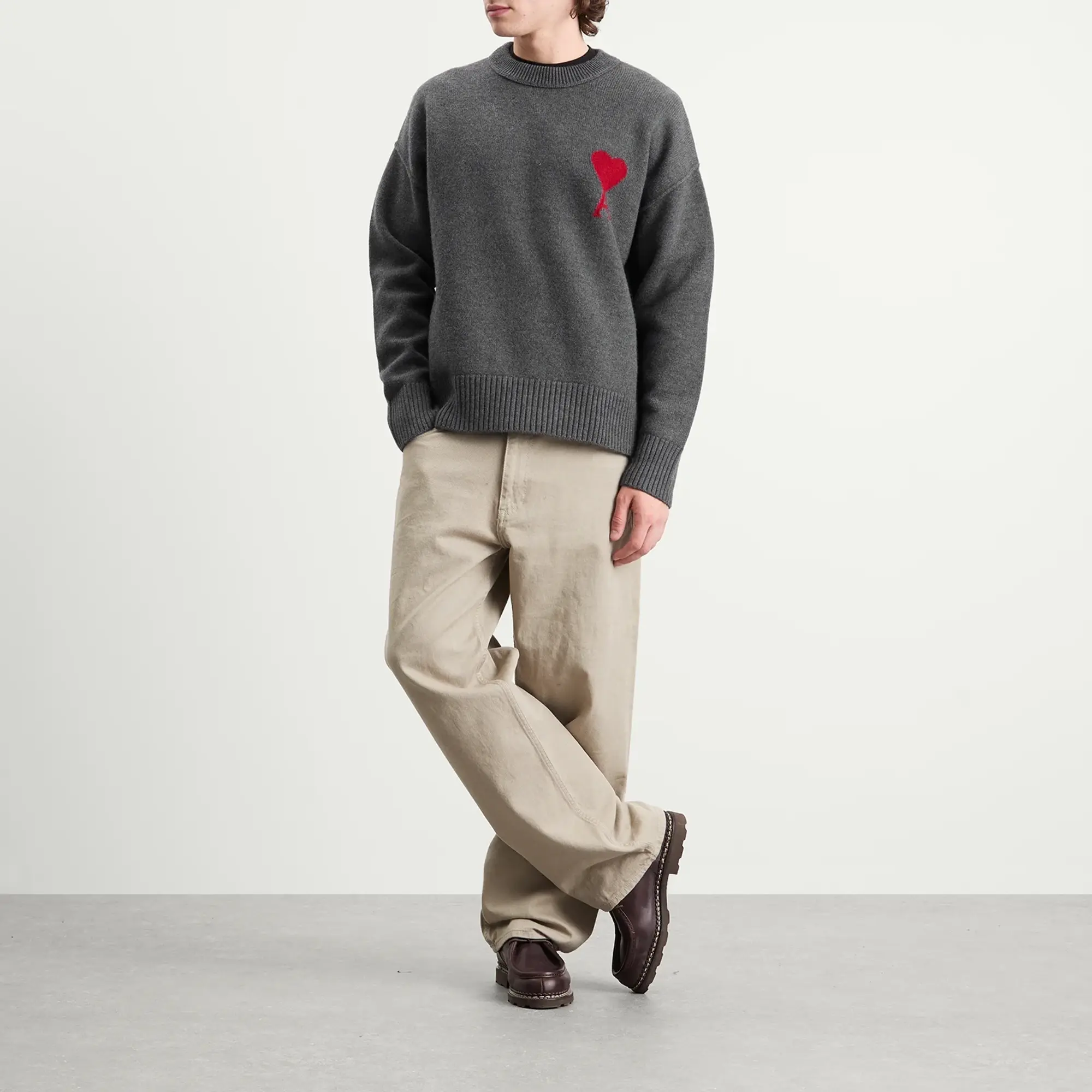 AMI Paris Men's Felted Merino Wool Knit ADC Crew Neck Jumper Gris Chine / Rouge