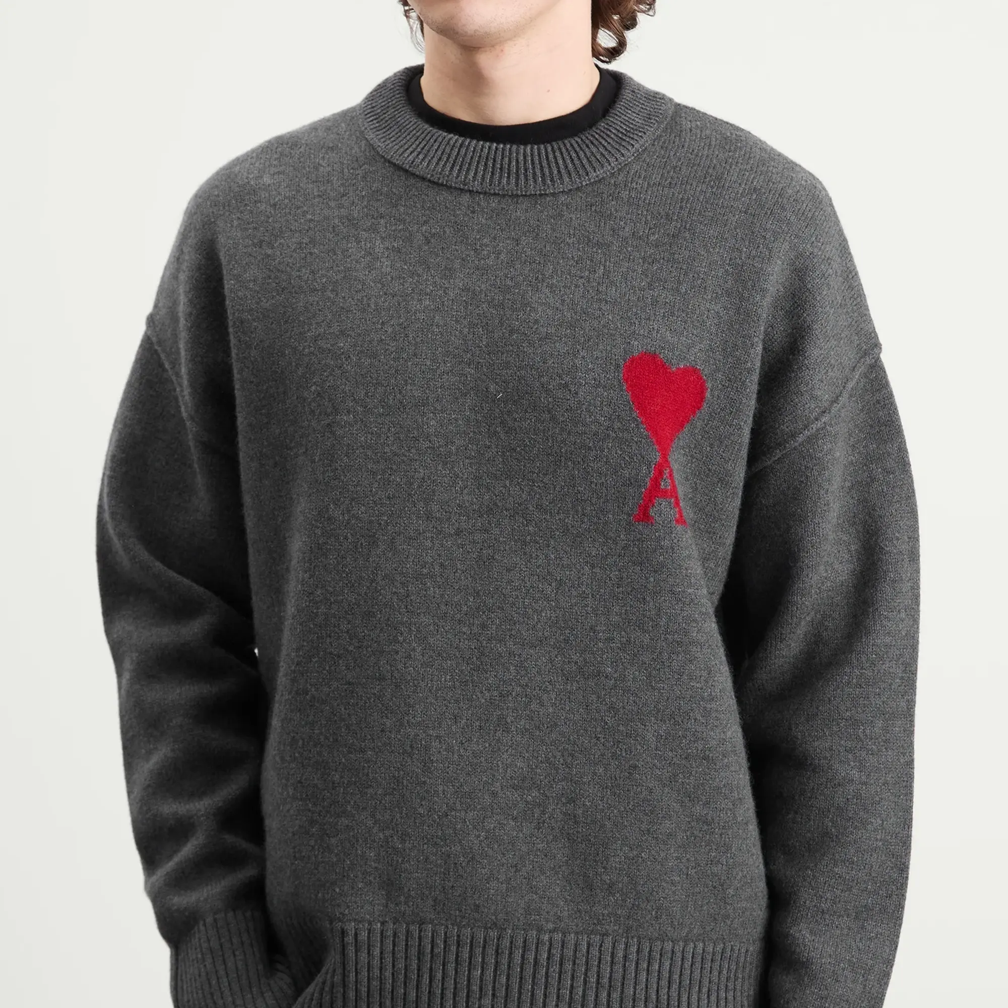 AMI Paris Men's Felted Merino Wool Knit ADC Crew Neck Jumper Gris Chine / Rouge