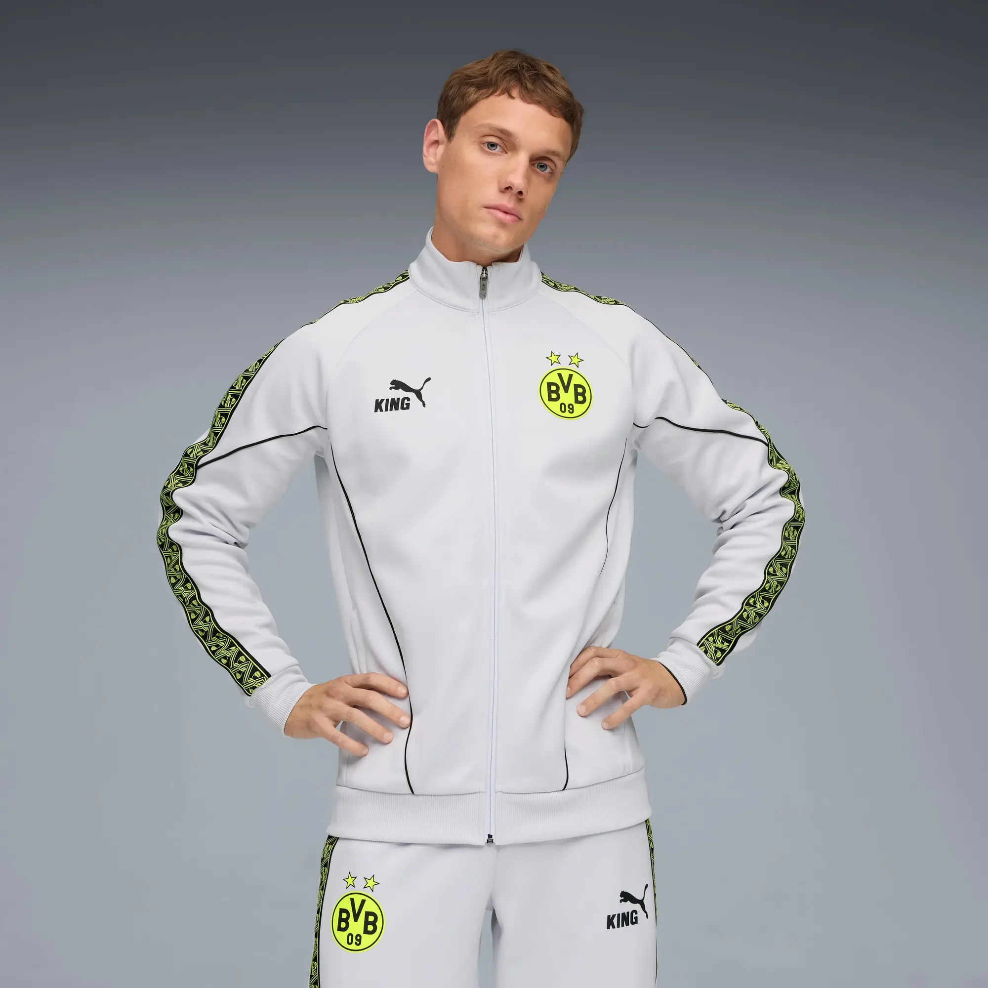 PUMA Borussia Dortmund King Anthem Jacket Men, Silver Mist/Yellow Alert, size 3XL