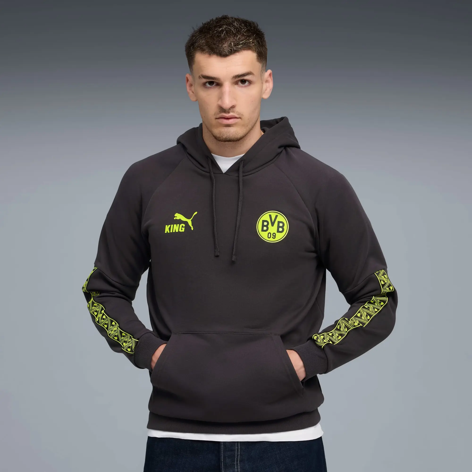 PUMA Borussia Dortmund King Hoodie Men, Flat Dark Grey/Yellow Alert, size 3XL