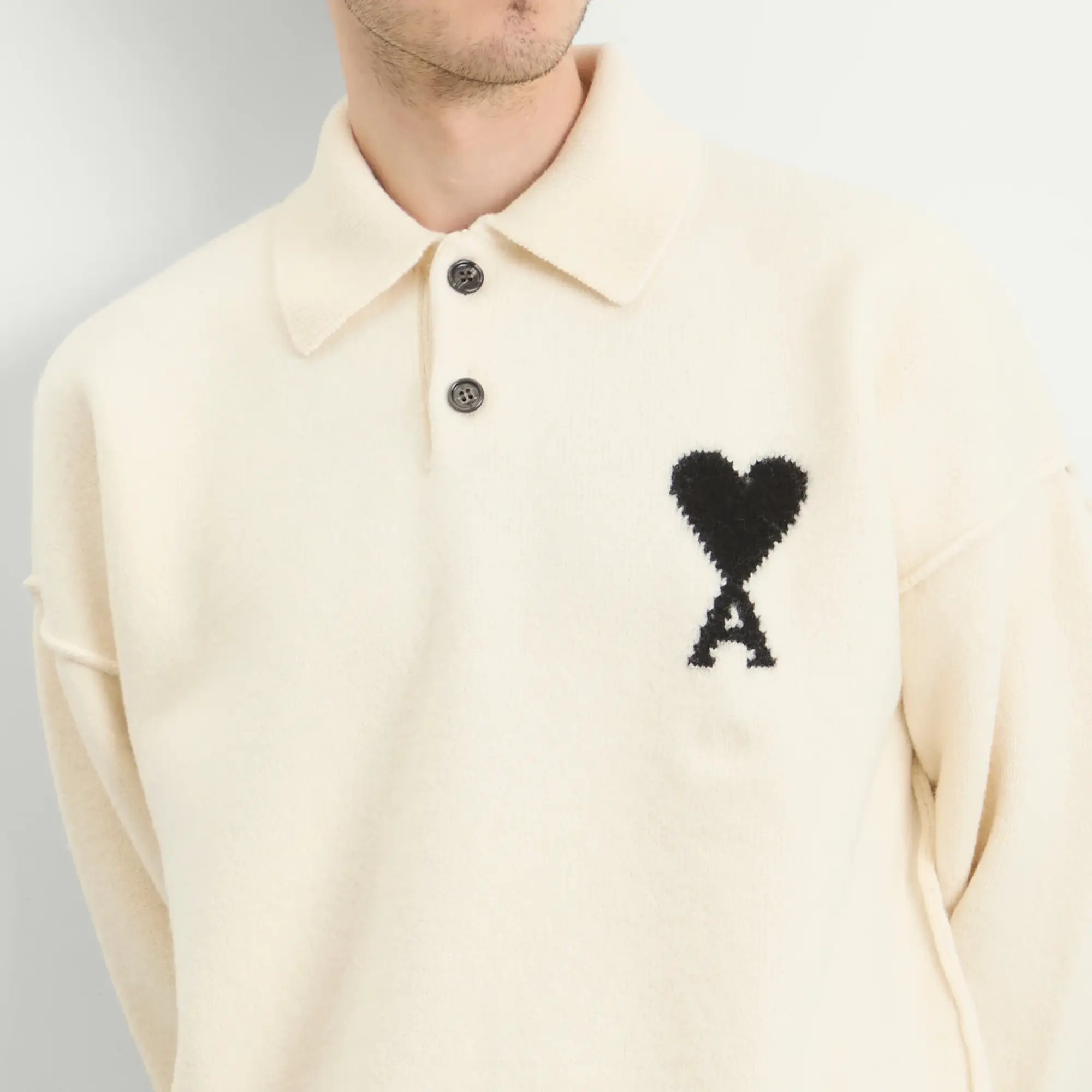 AMI Paris Men's Felted Merino Wool Knit ADC Polo Ecru/Noir