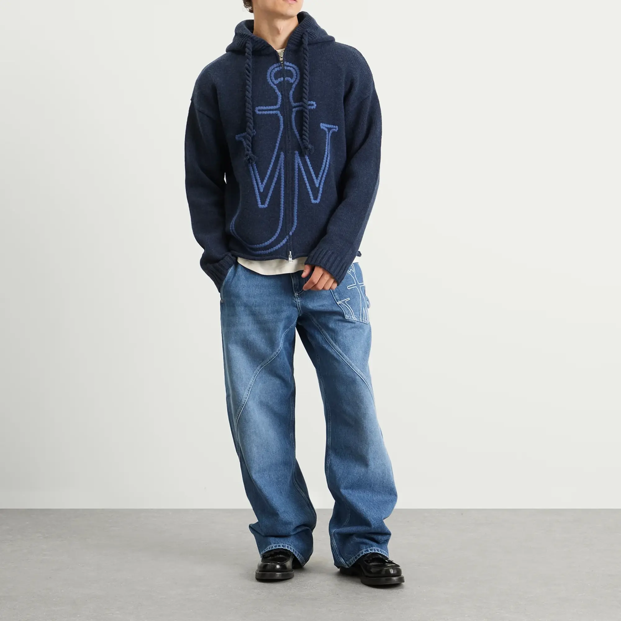 JW Anderson Men's Anchor Embroidery Zipped Hoodie Steel Blue