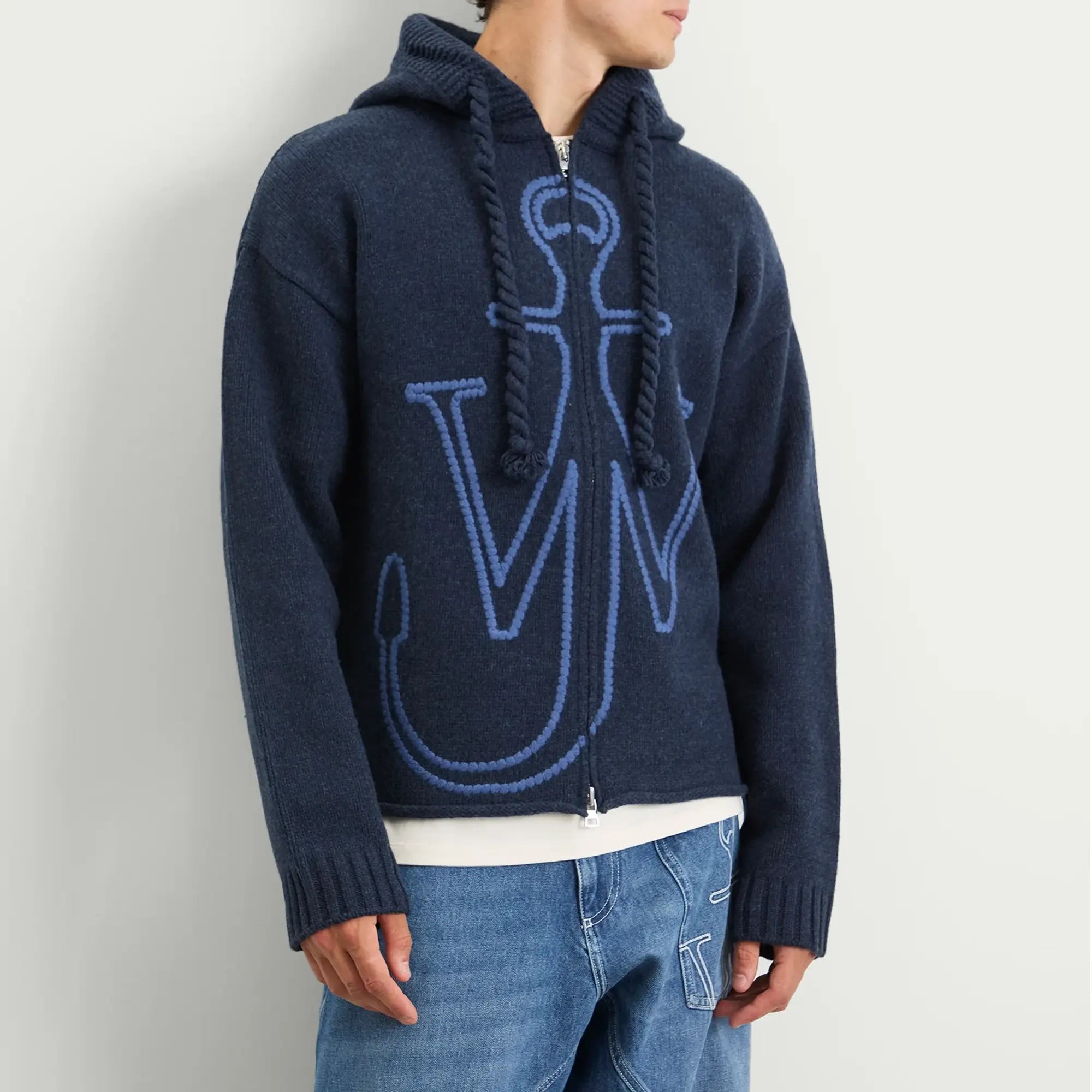 JW Anderson Men's Anchor Embroidery Zipped Hoodie Steel Blue