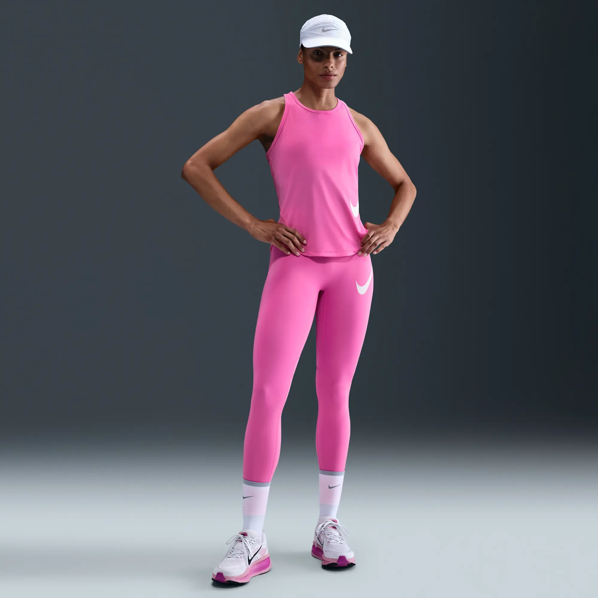 Nike Tempo Swoosh Run Women's High-Waisted 7/8 Running Leggings - Pink - Printed Swoosh Logo On The Left Thigh