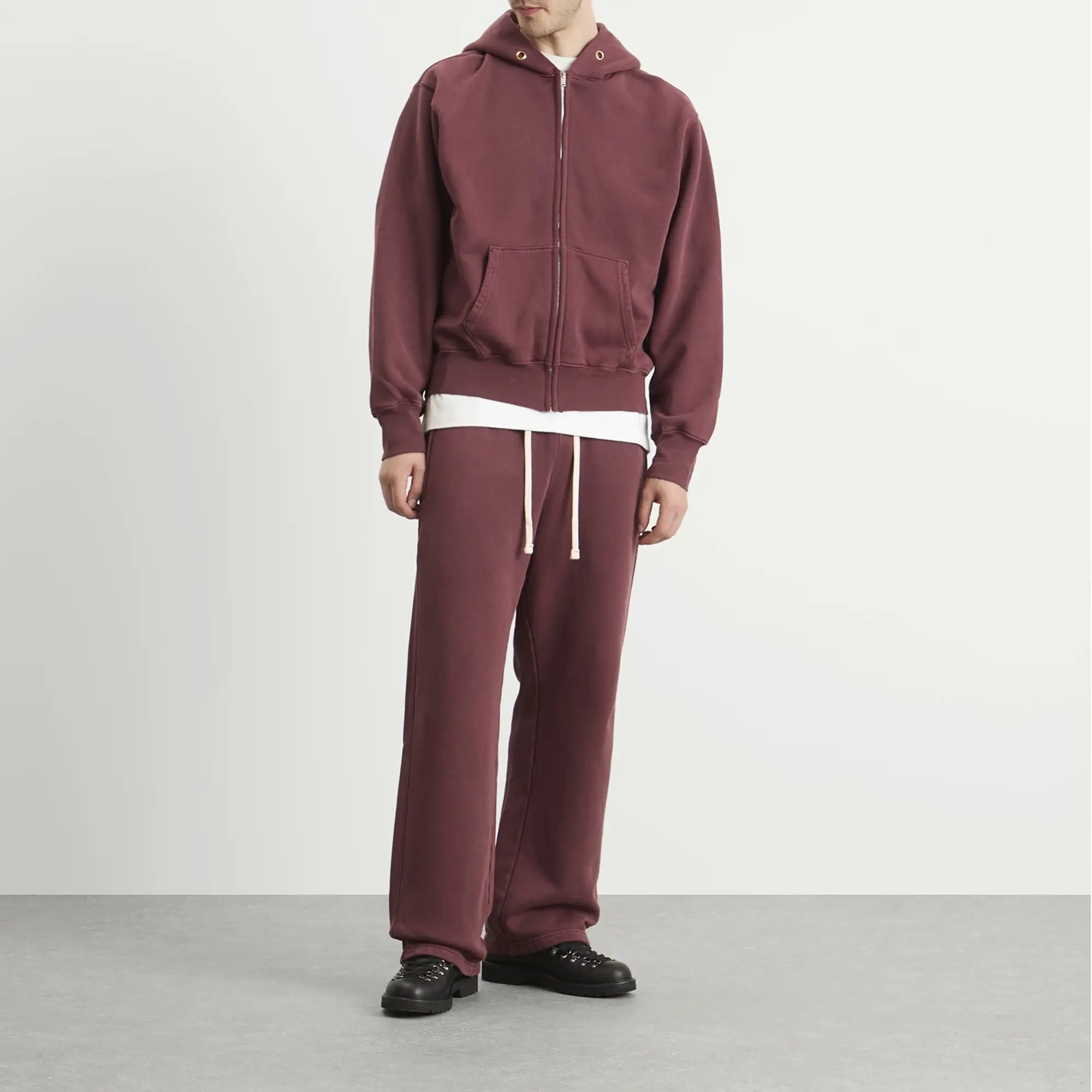 Les Tien Men's Heavyweight Zip Hoodie Washed Red Mahogany