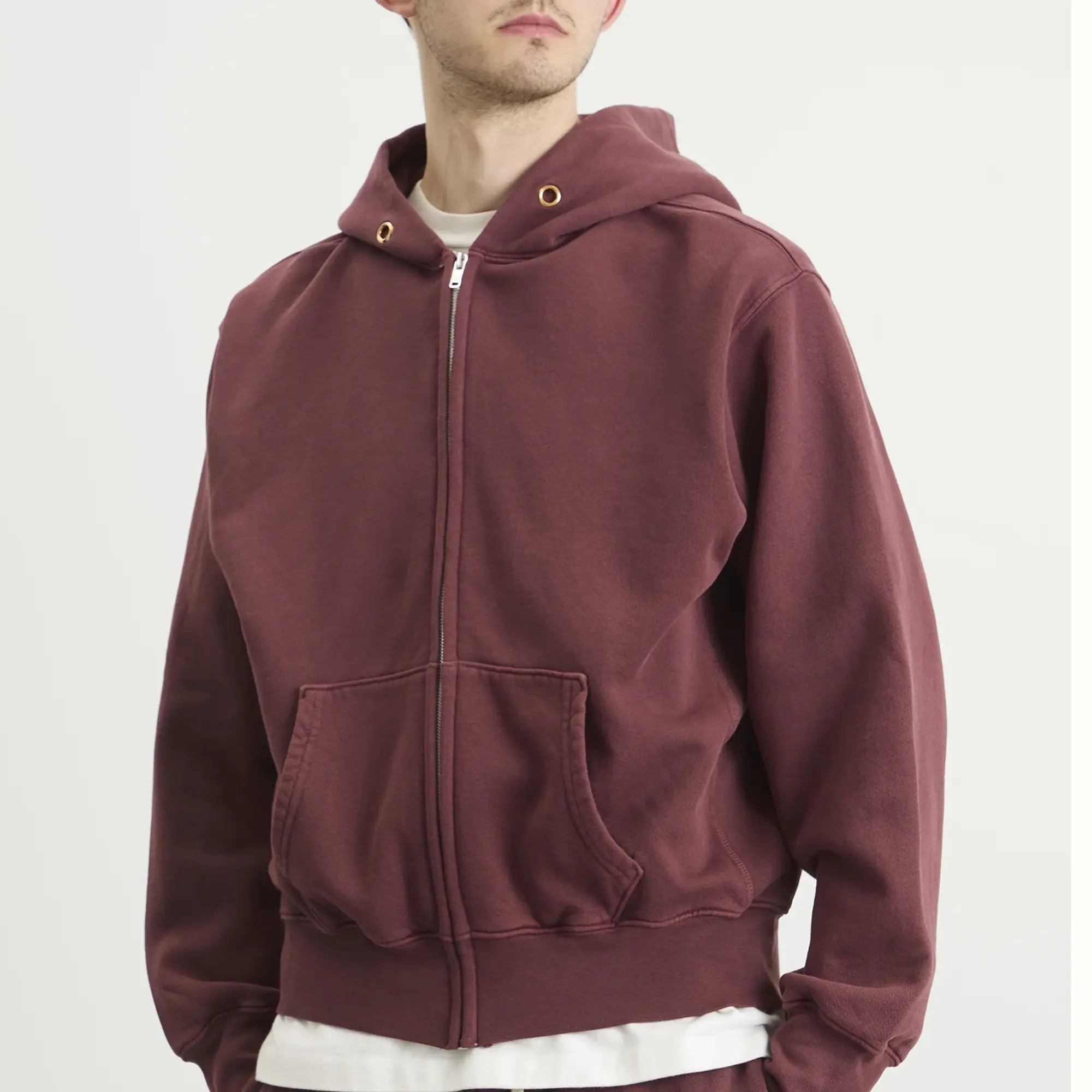 Les Tien Men's Heavyweight Zip Hoodie Washed Red Mahogany