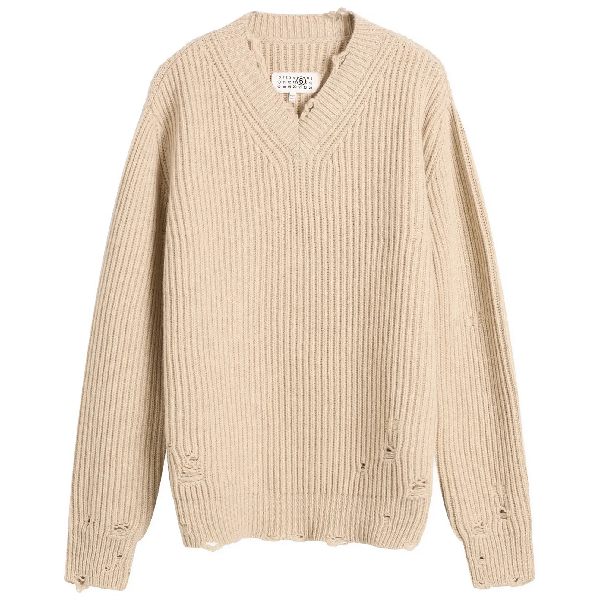 MM6 Maison Margiela Women's Distressed Knitted Sweater Beige Melange