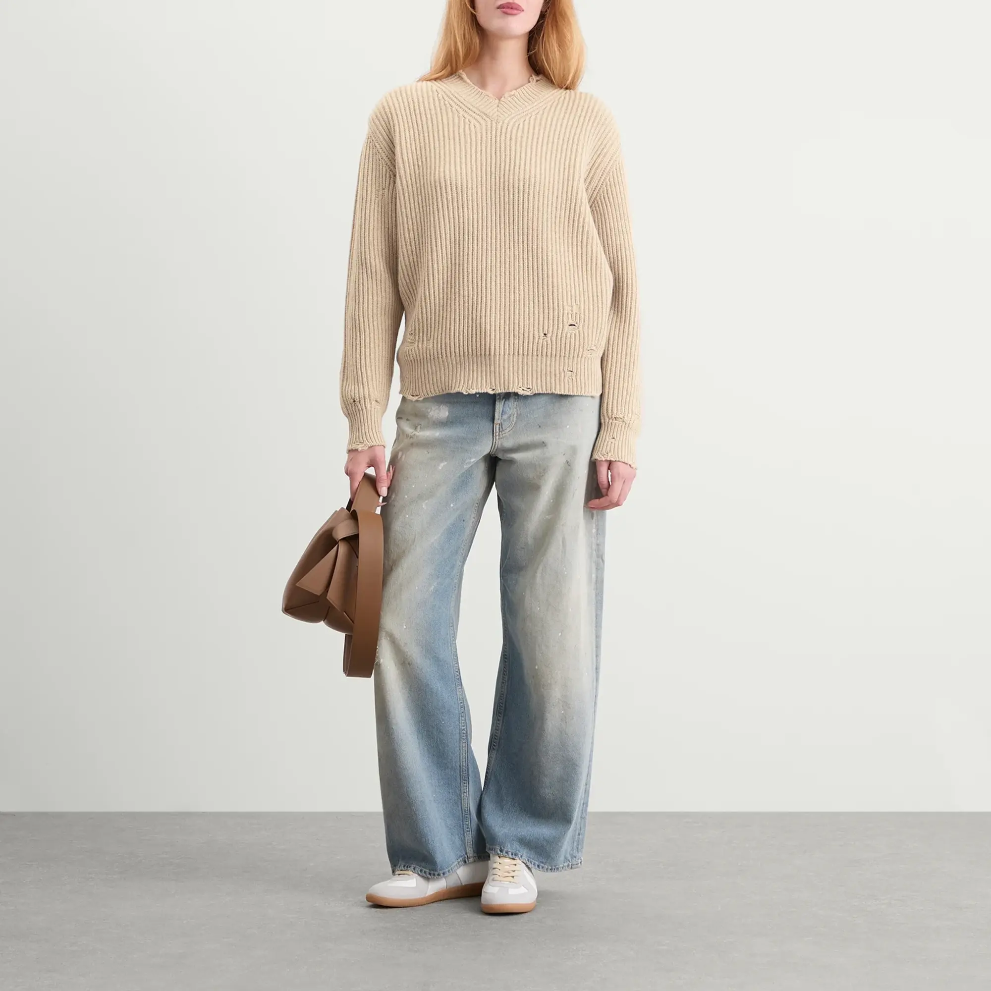 MM6 Maison Margiela Women's Distressed Knitted Sweater Beige Melange