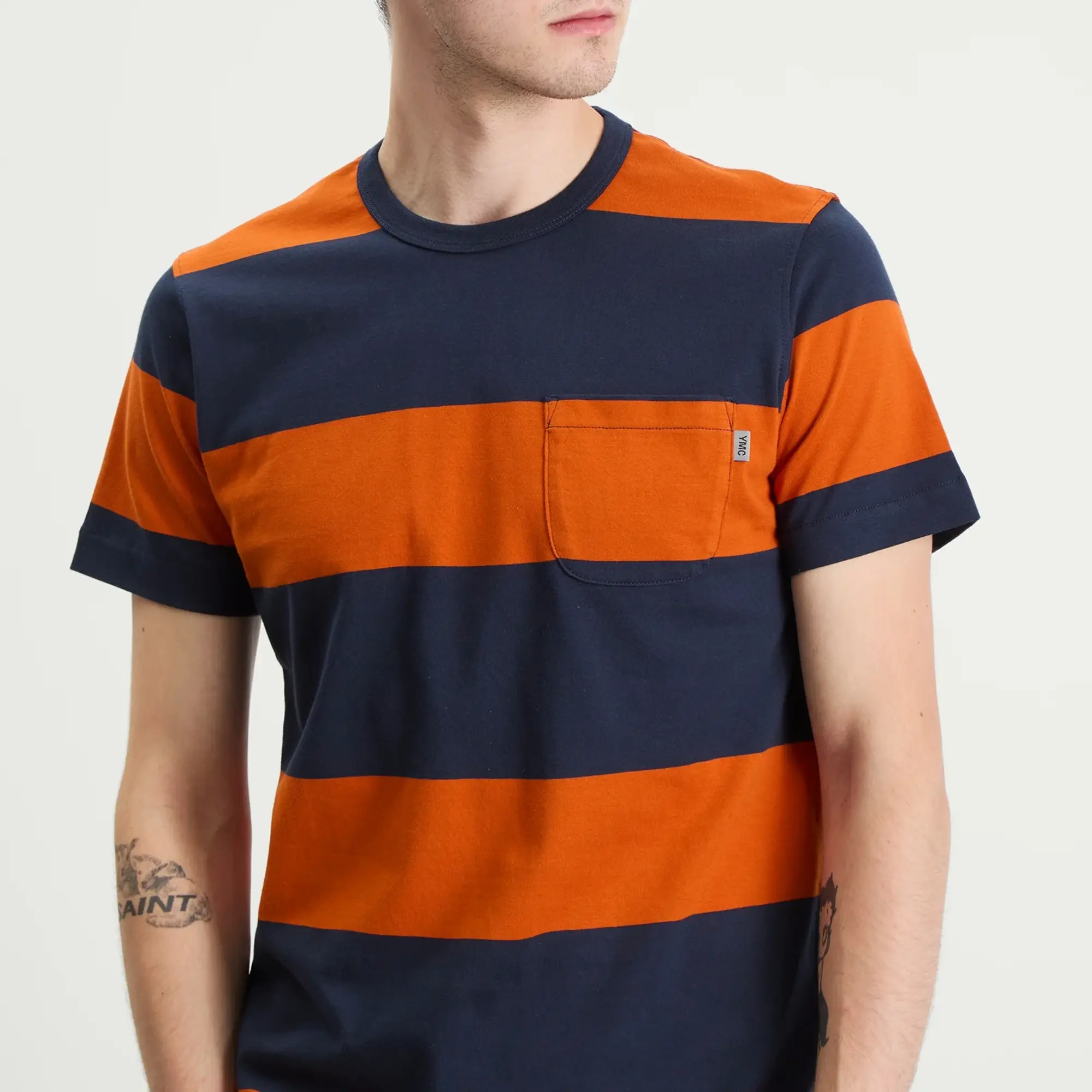 YMC Men's Wild Ones Block Stripe T-Shirt Navy/Spice
