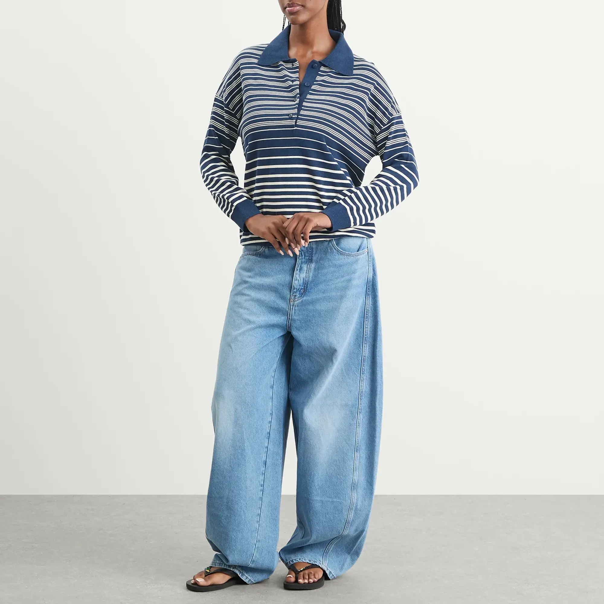 Faithfull The Brand Women's Harlow Oversized Polo Top Scandi Stripe Navy Cream