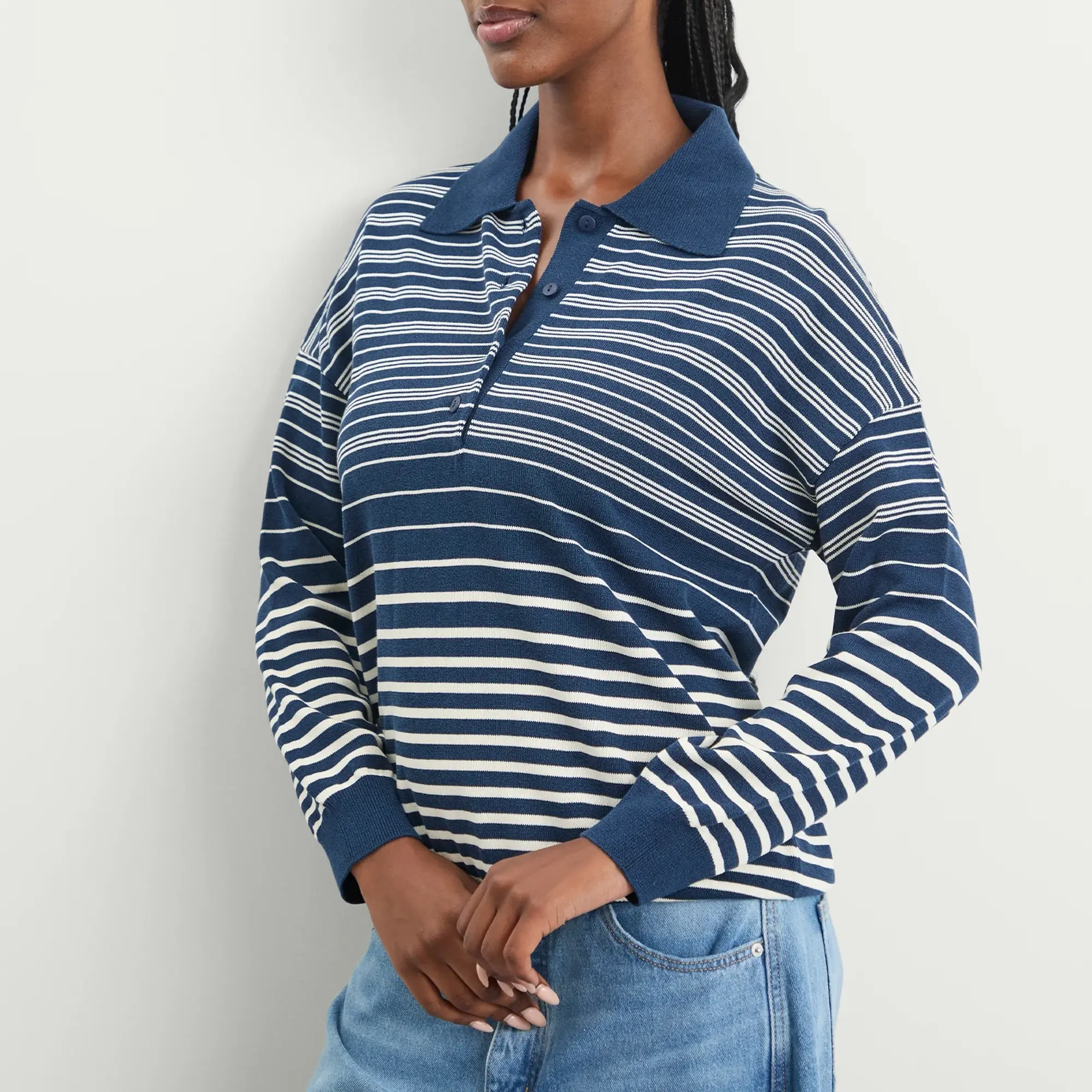 Faithfull The Brand Women's Harlow Oversized Polo Top Scandi Stripe Navy Cream