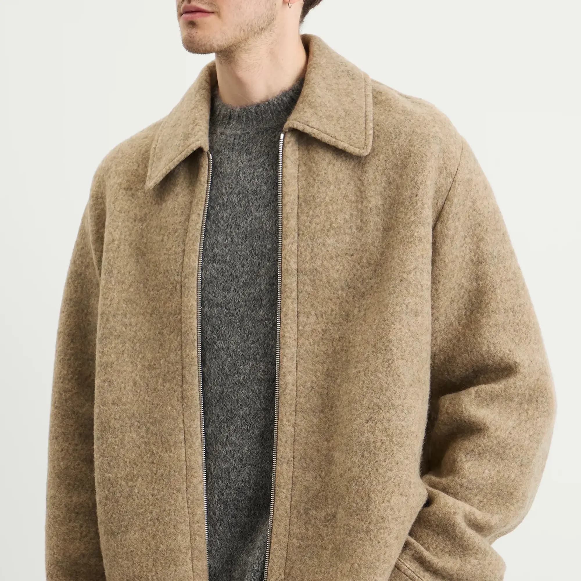Jil Sander Men's Felted Wool Melange Zip Up Fern