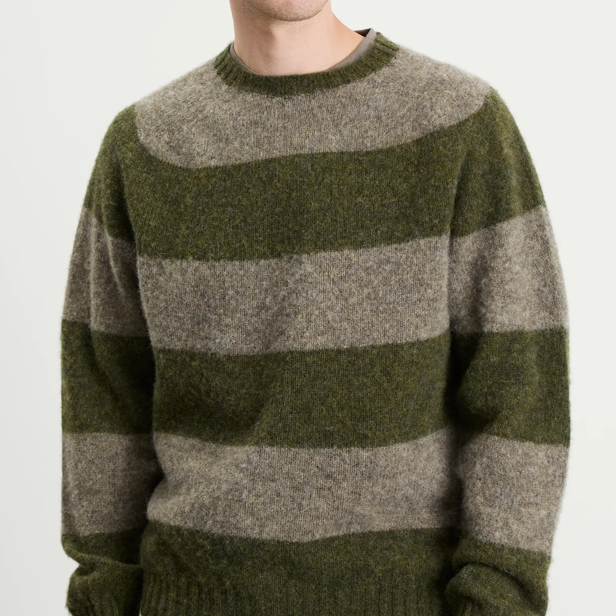 YMC Men's Suedehead Stripe Jumper Green/Brown