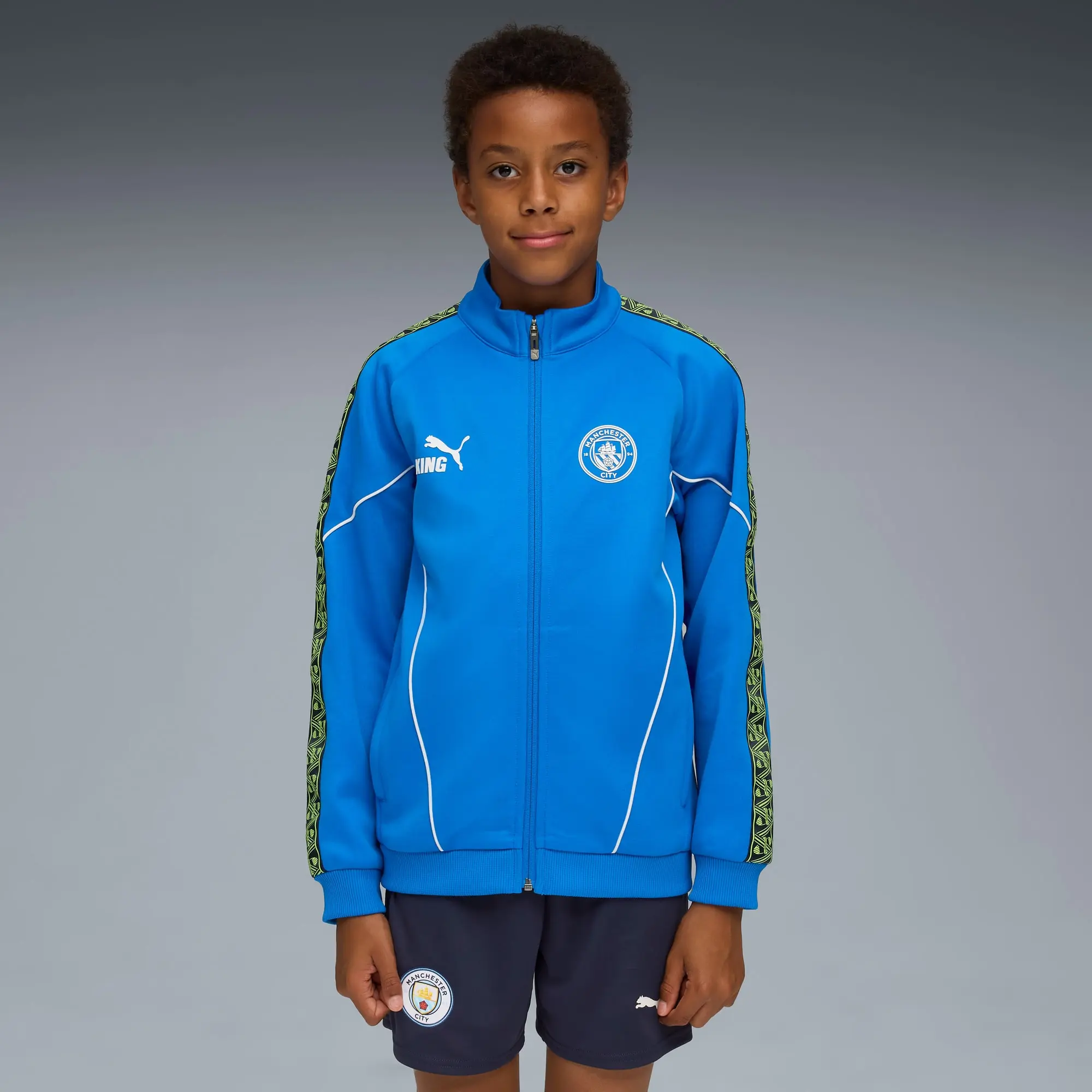 PUMA Manchester City King Anthem Jacket Youth, Hyperlink Blue/Pro Green, size 11-12 Youth
