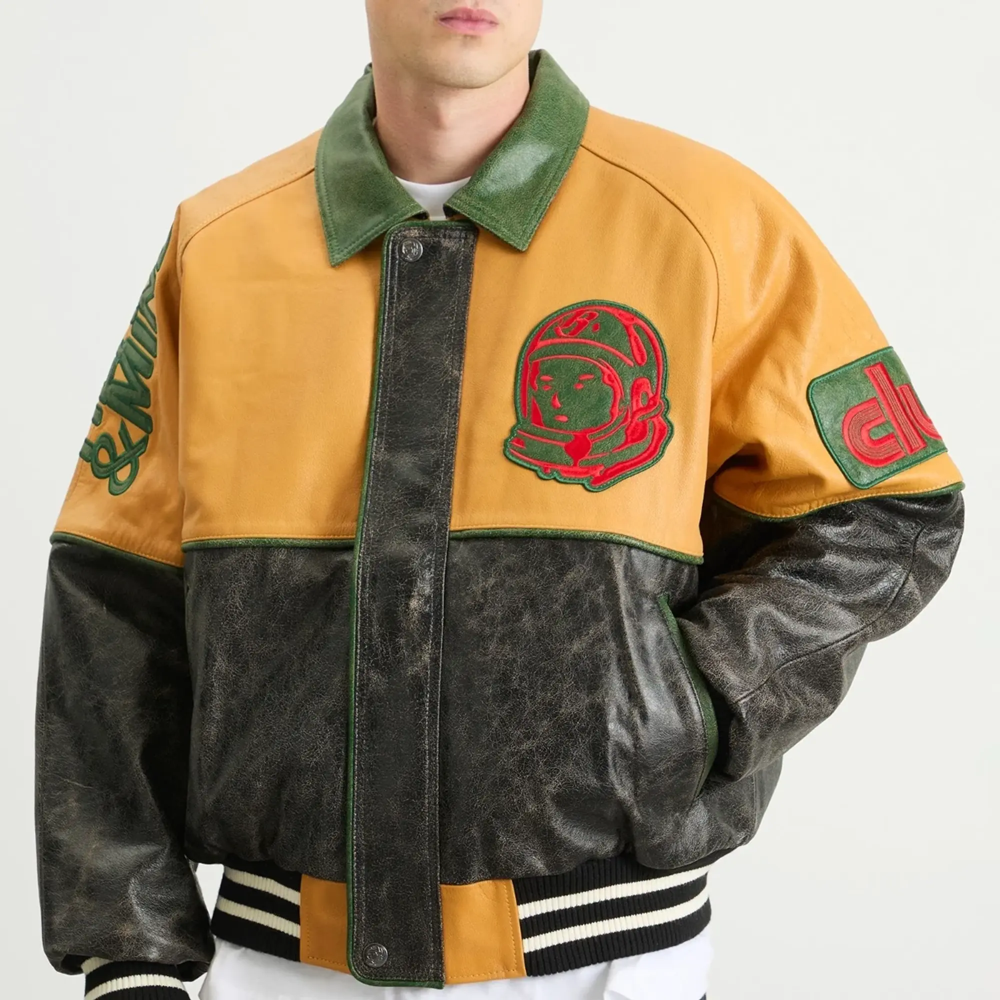 Billionaire Boys Club Men's Club Cracked Leather Varsity Jacket Black/Yellow