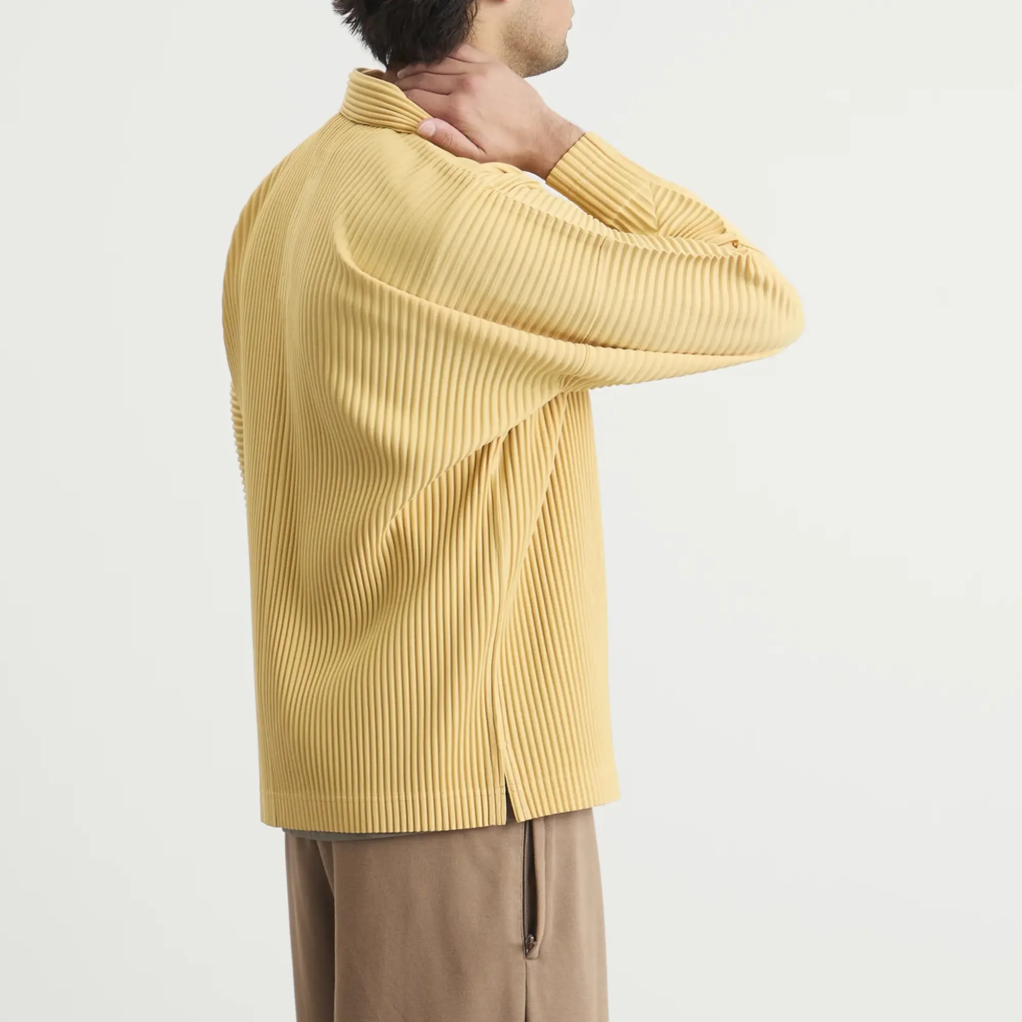 Homme Plissé Long Sleeve Polo Dendrite Beige