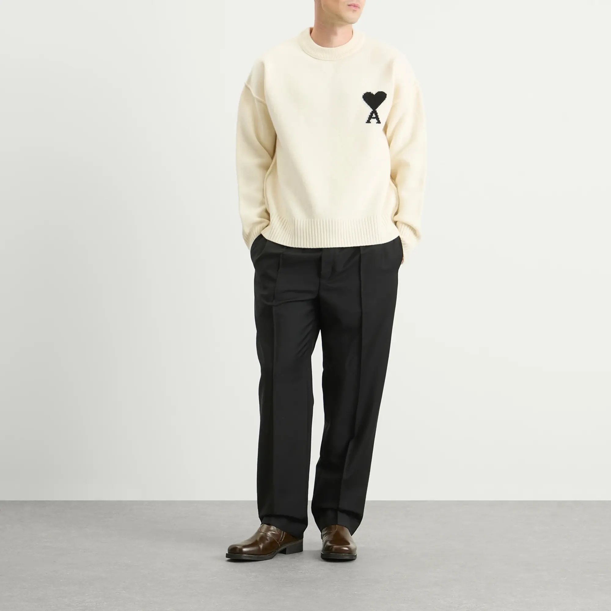 AMI Paris Men's Felted Merino Wool Knit ADC Crew Neck Jumper Ecru/Noir