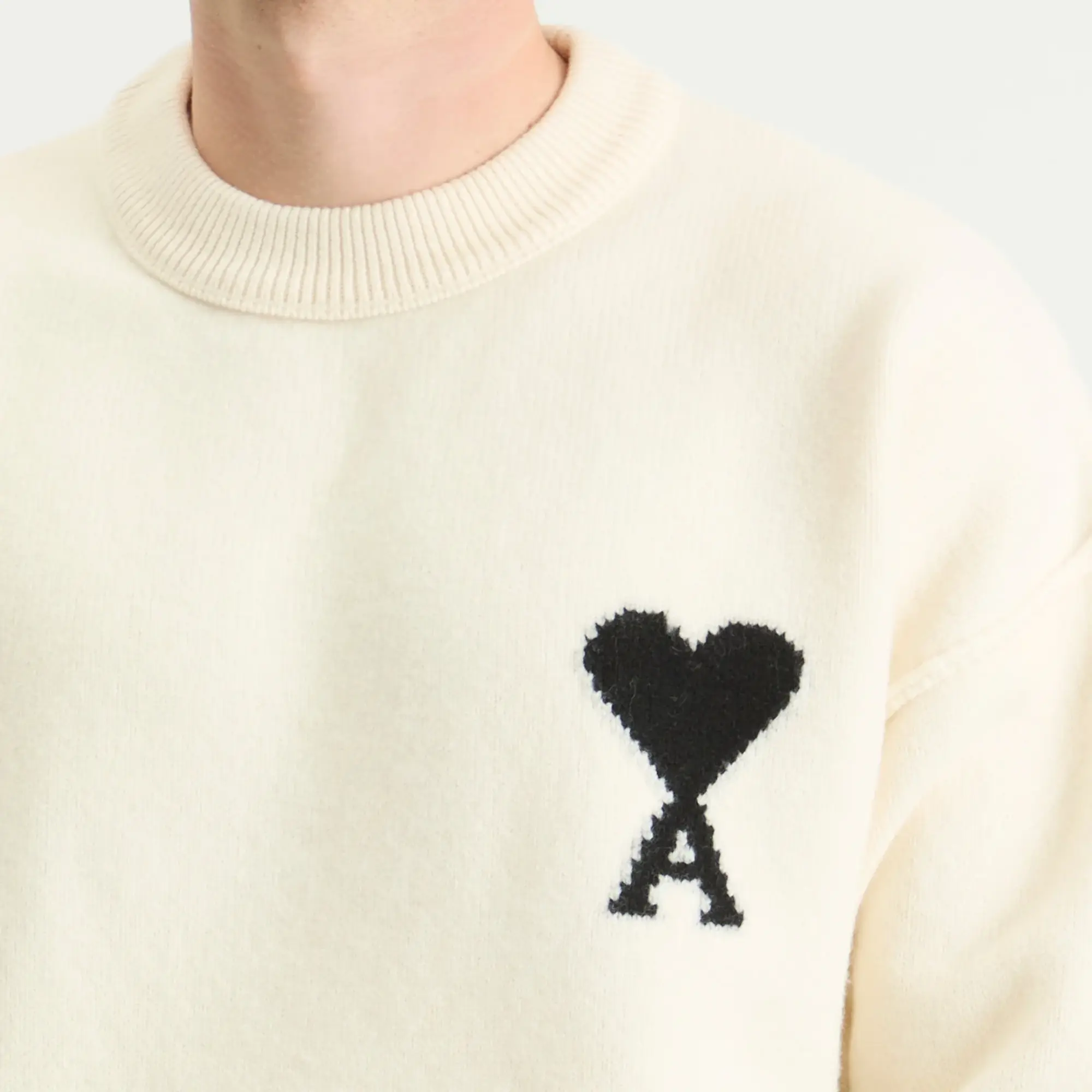 AMI Paris Men's Felted Merino Wool Knit ADC Crew Neck Jumper Ecru/Noir