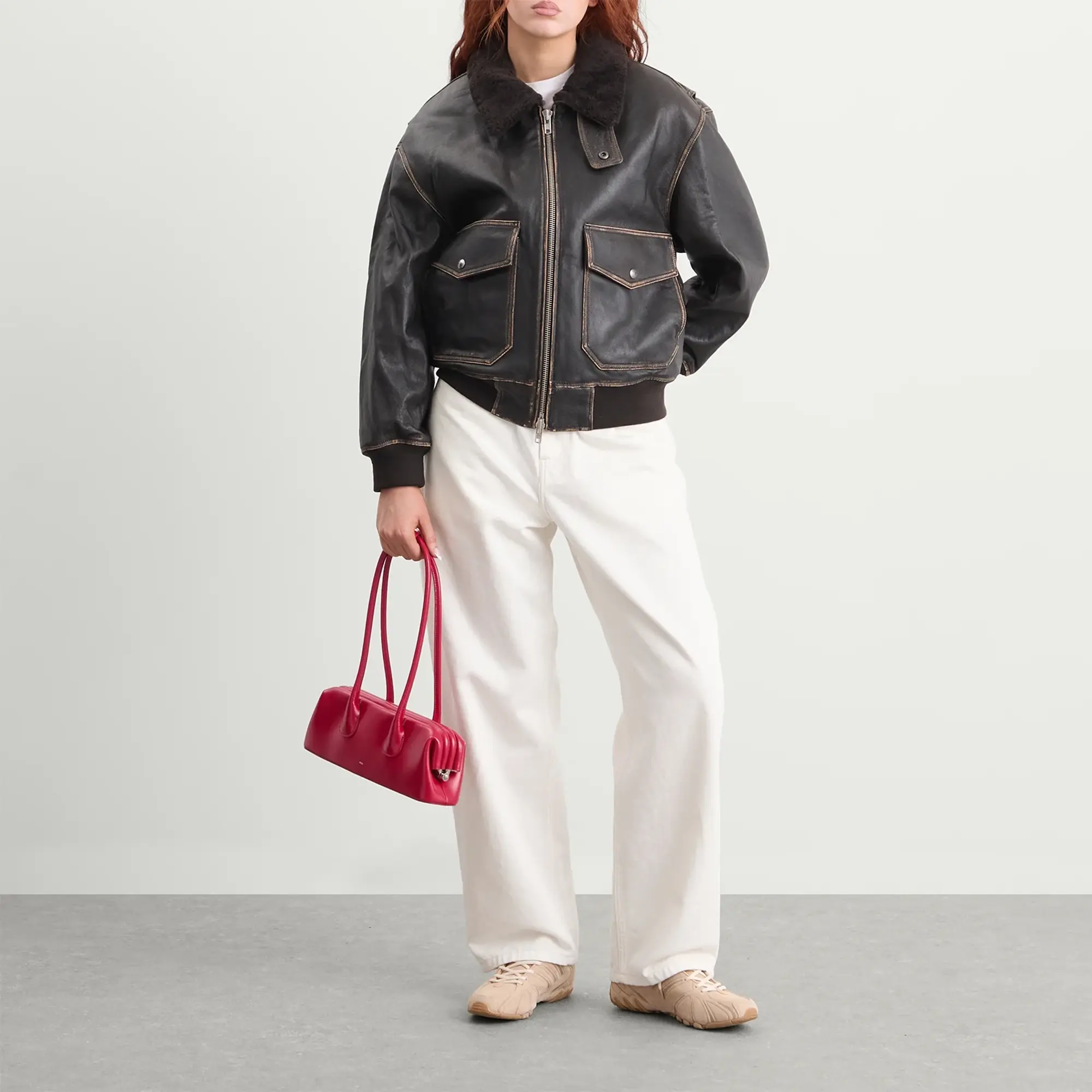 DUNST Women's Shearling Collar Leather Jacket Brushed Brown