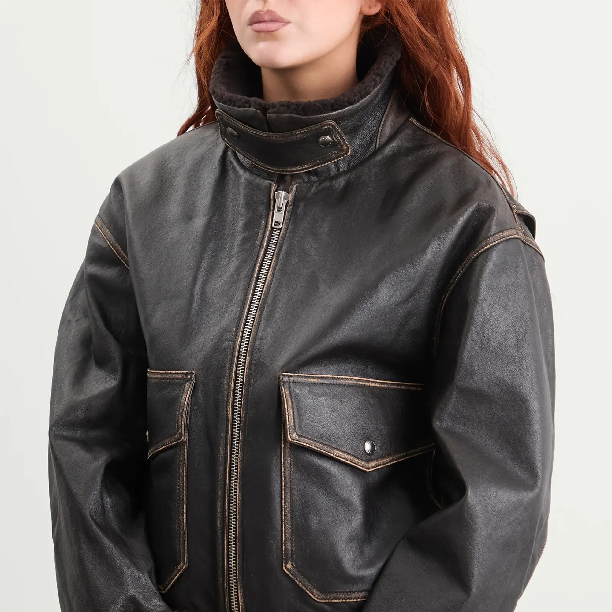 DUNST Women's Shearling Collar Leather Jacket Brushed Brown