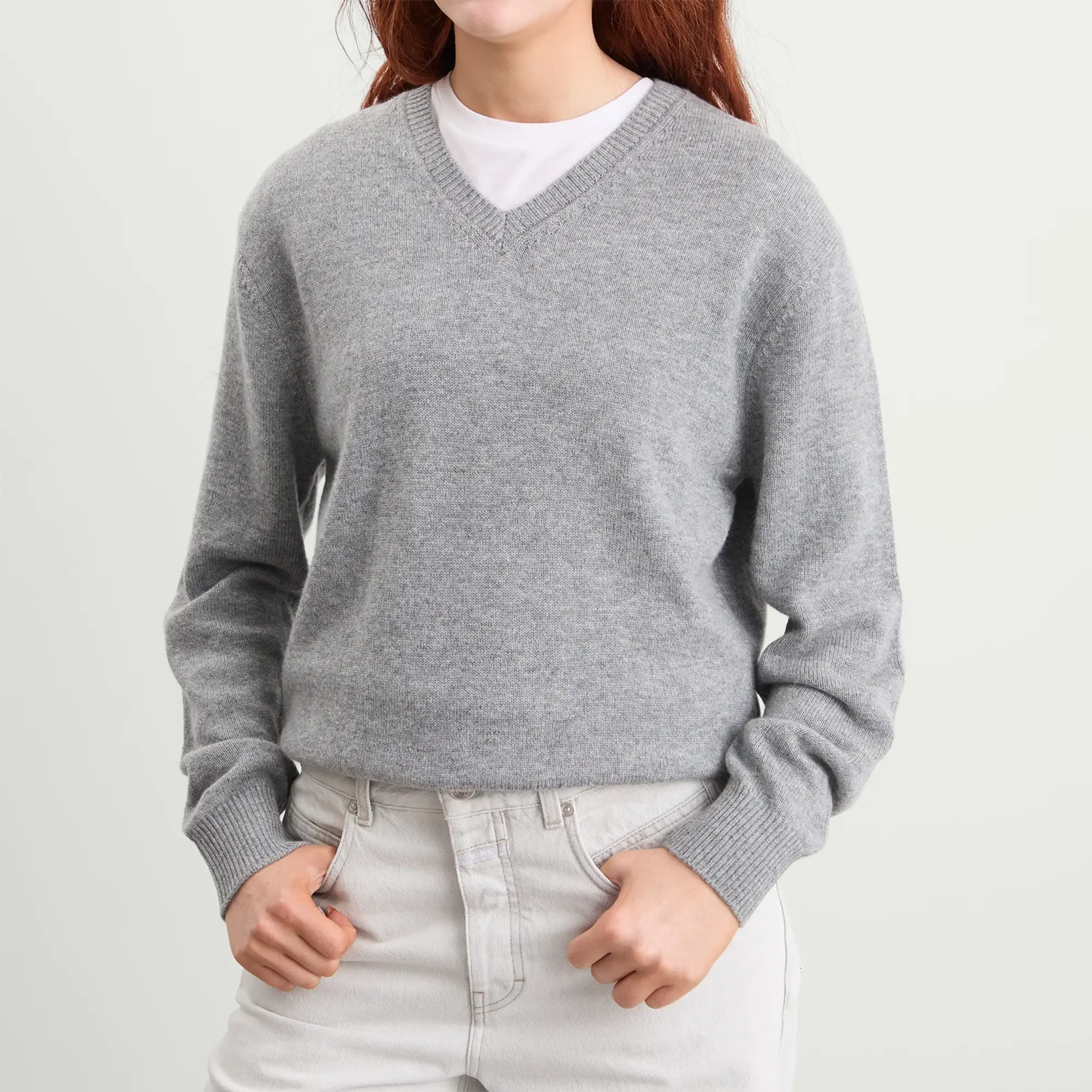 DUNST Women's Cashmere V-Neck Sweater Melange Grey