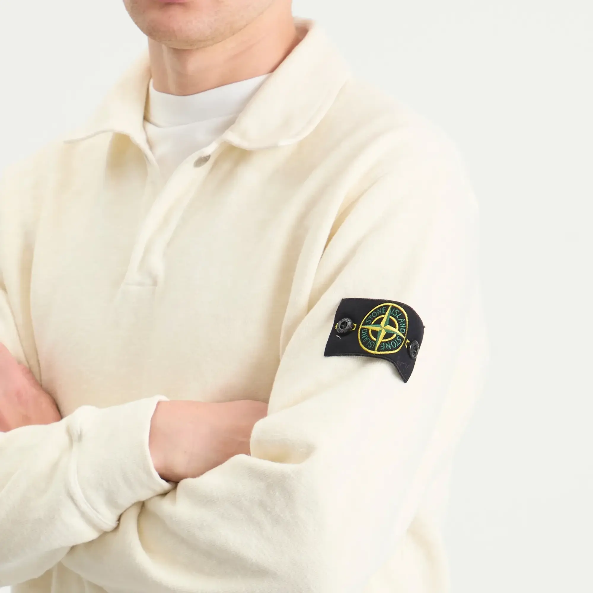 Stone Island Men's Brushed Heavy Cotton Long Sleeve Polo Ivory