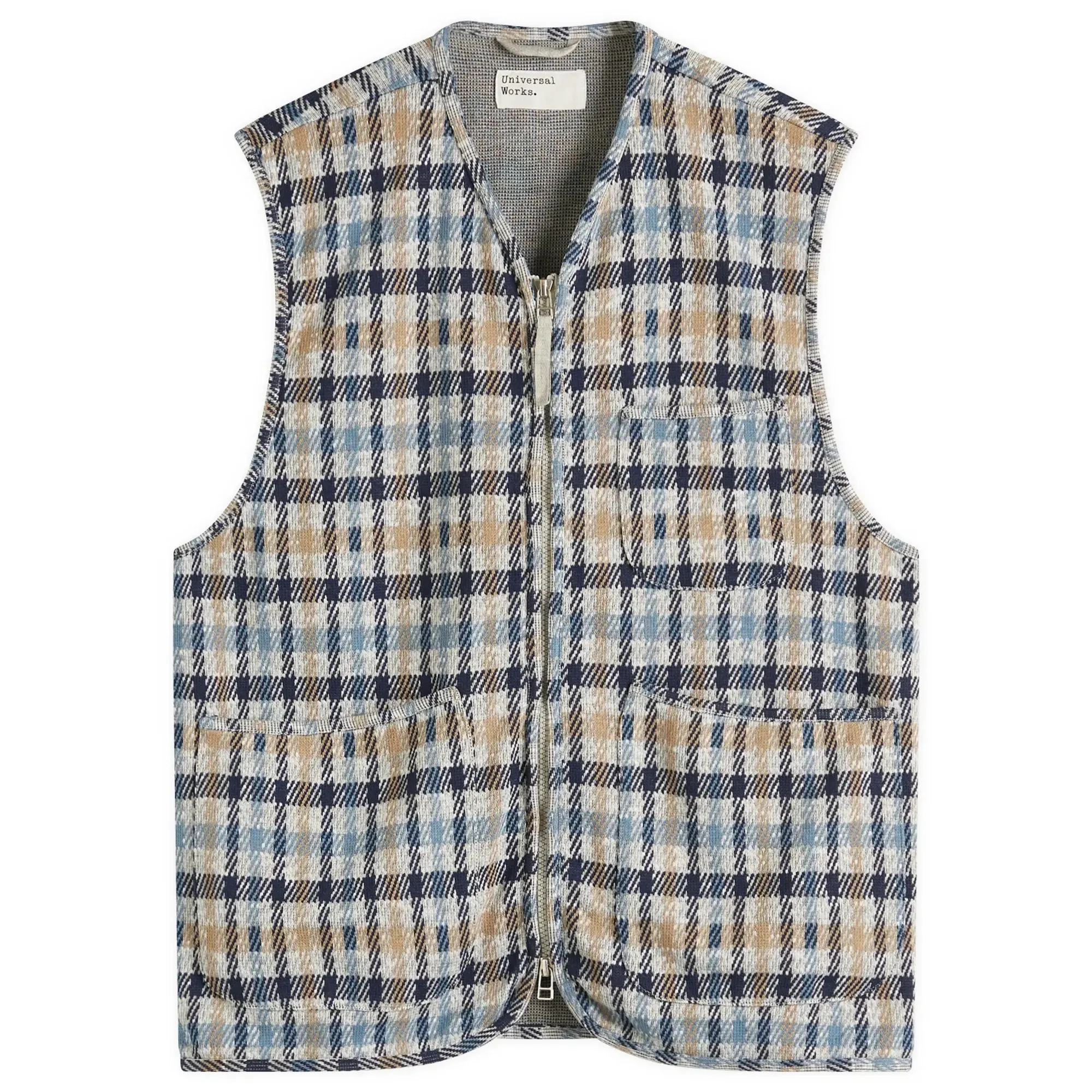 Universal Works Men's Summer Check Zip Gilet Brown/Blue