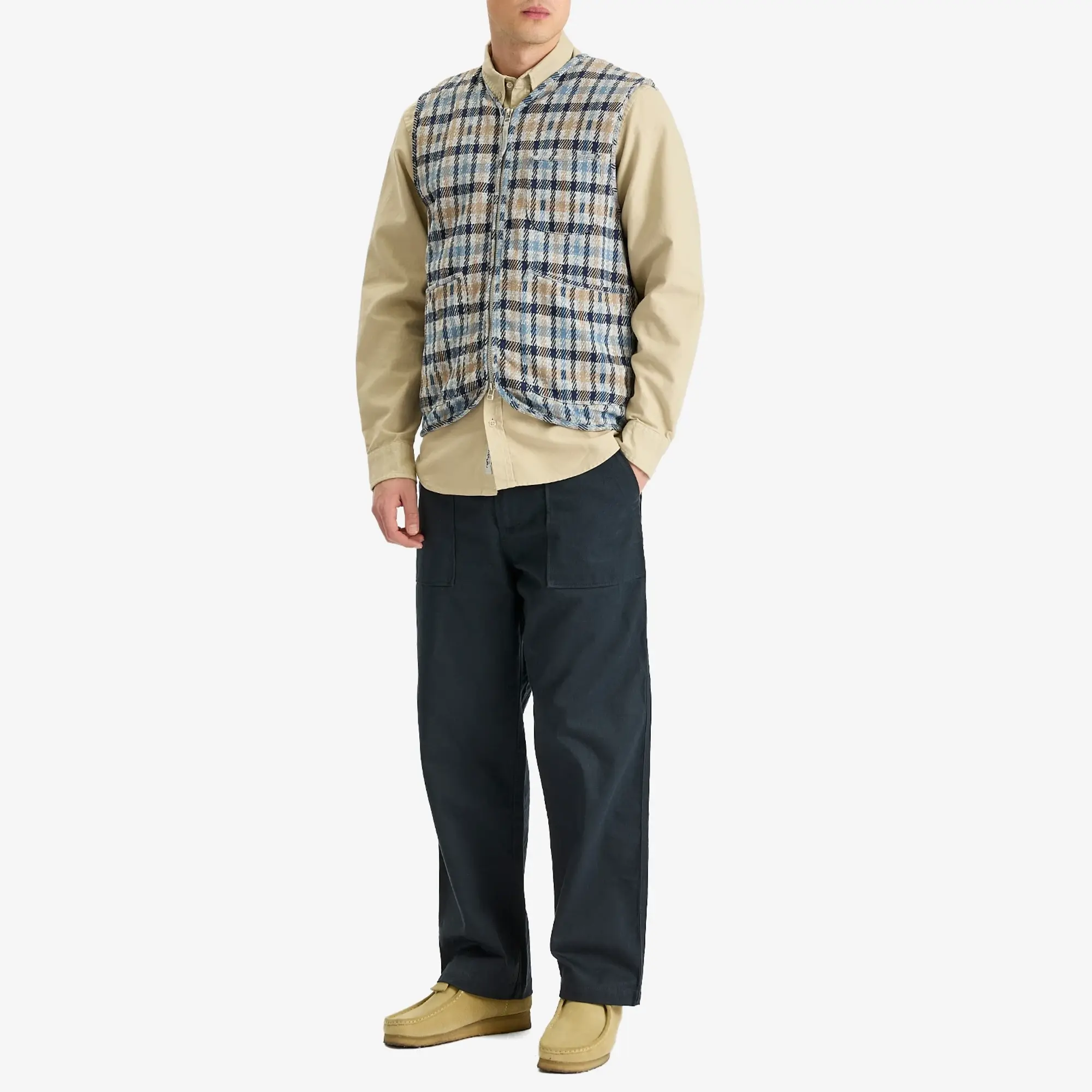Universal Works Men's Summer Check Zip Gilet Brown/Blue