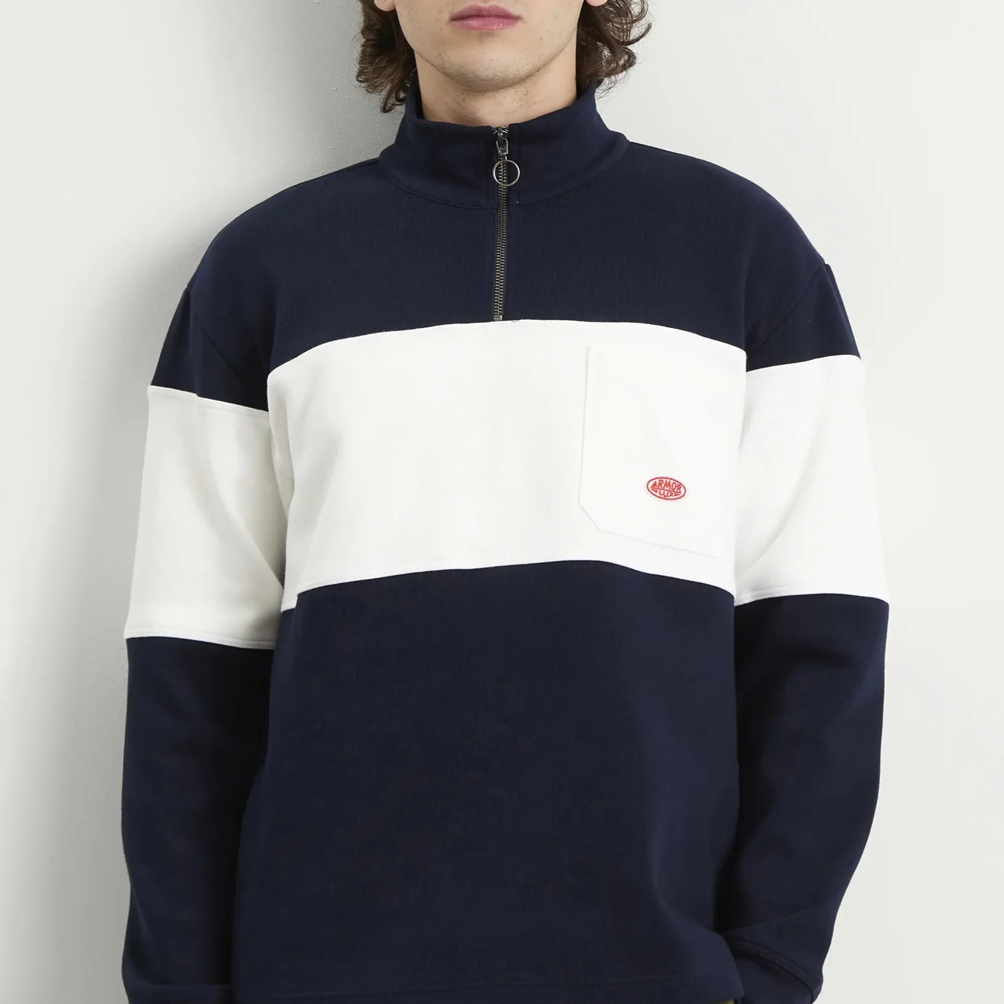 Armor-Lux Men's Stripe Half Zip Sweatshirt Marine Deep/Milk