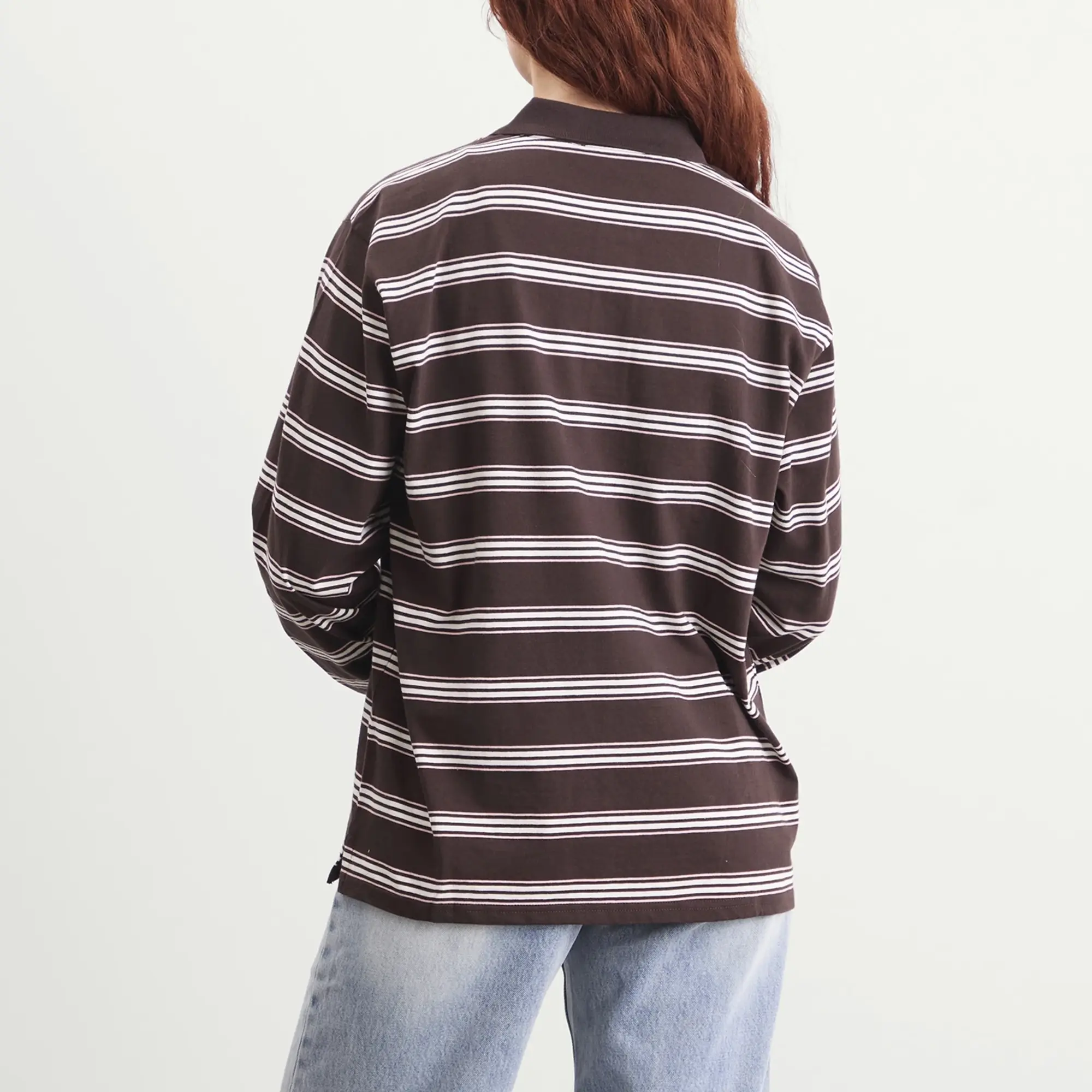 DUNST Women's Long Sleeve Polo Top Brown Stripe