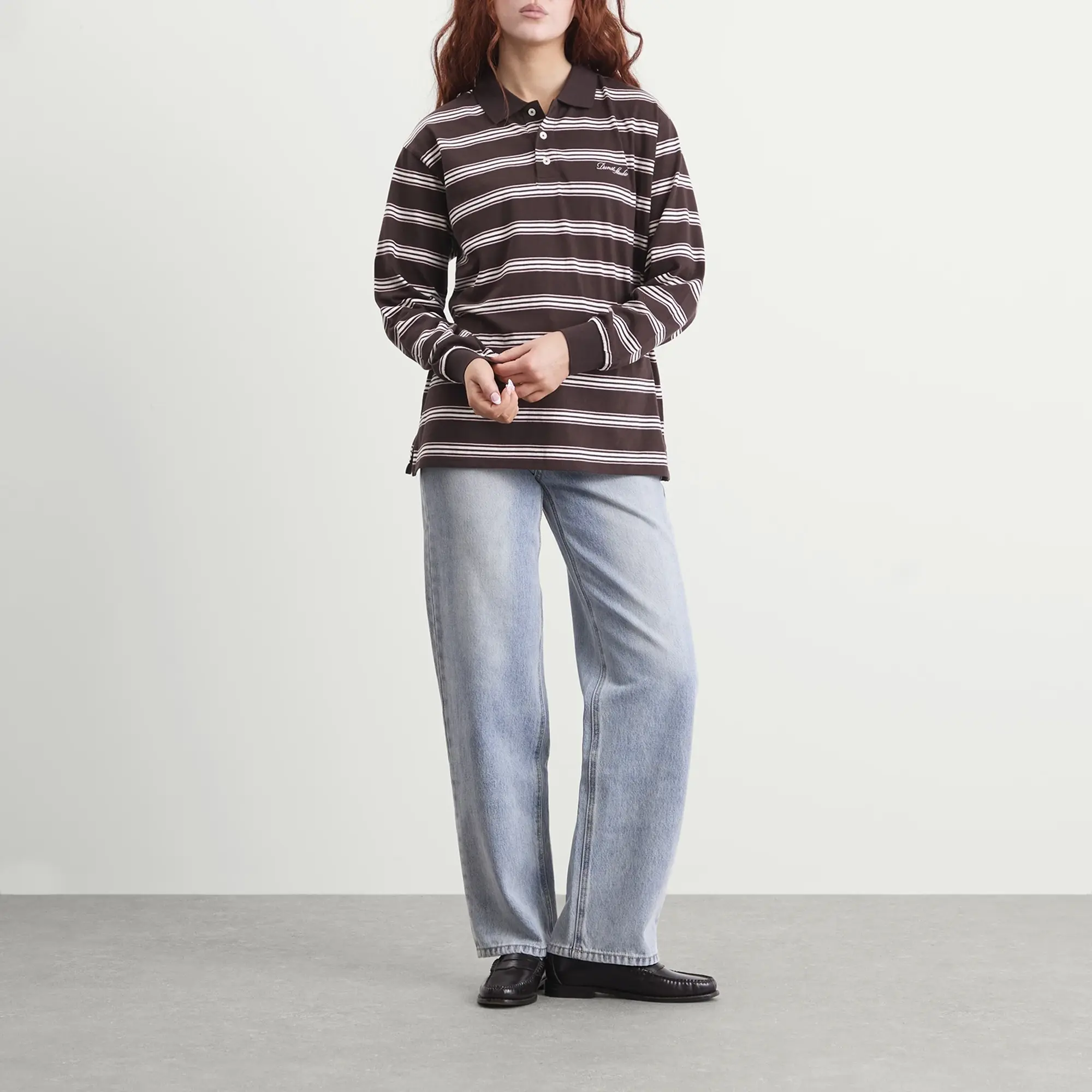 DUNST Women's Long Sleeve Polo Top Brown Stripe