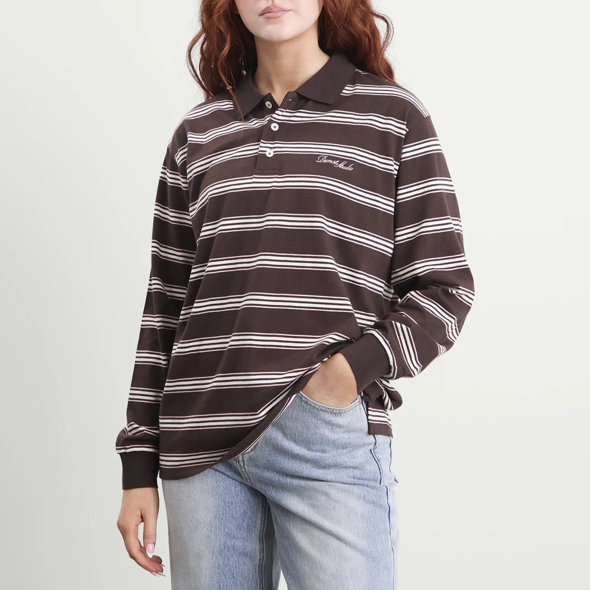 DUNST Women's Long Sleeve Polo Top Brown Stripe