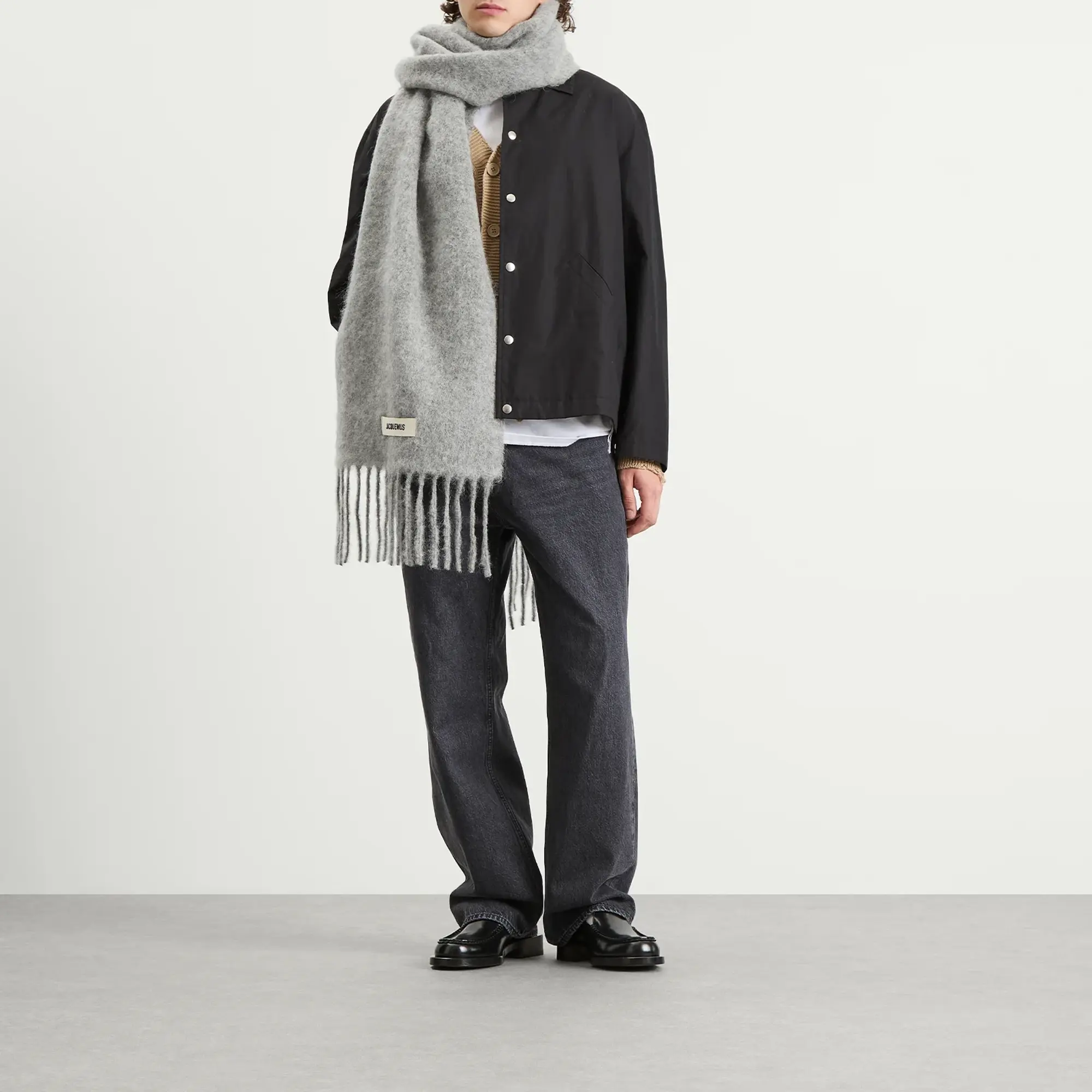 Jacquemus Men's Mohair Alpaca Grosgrain Logo Scarf Grey