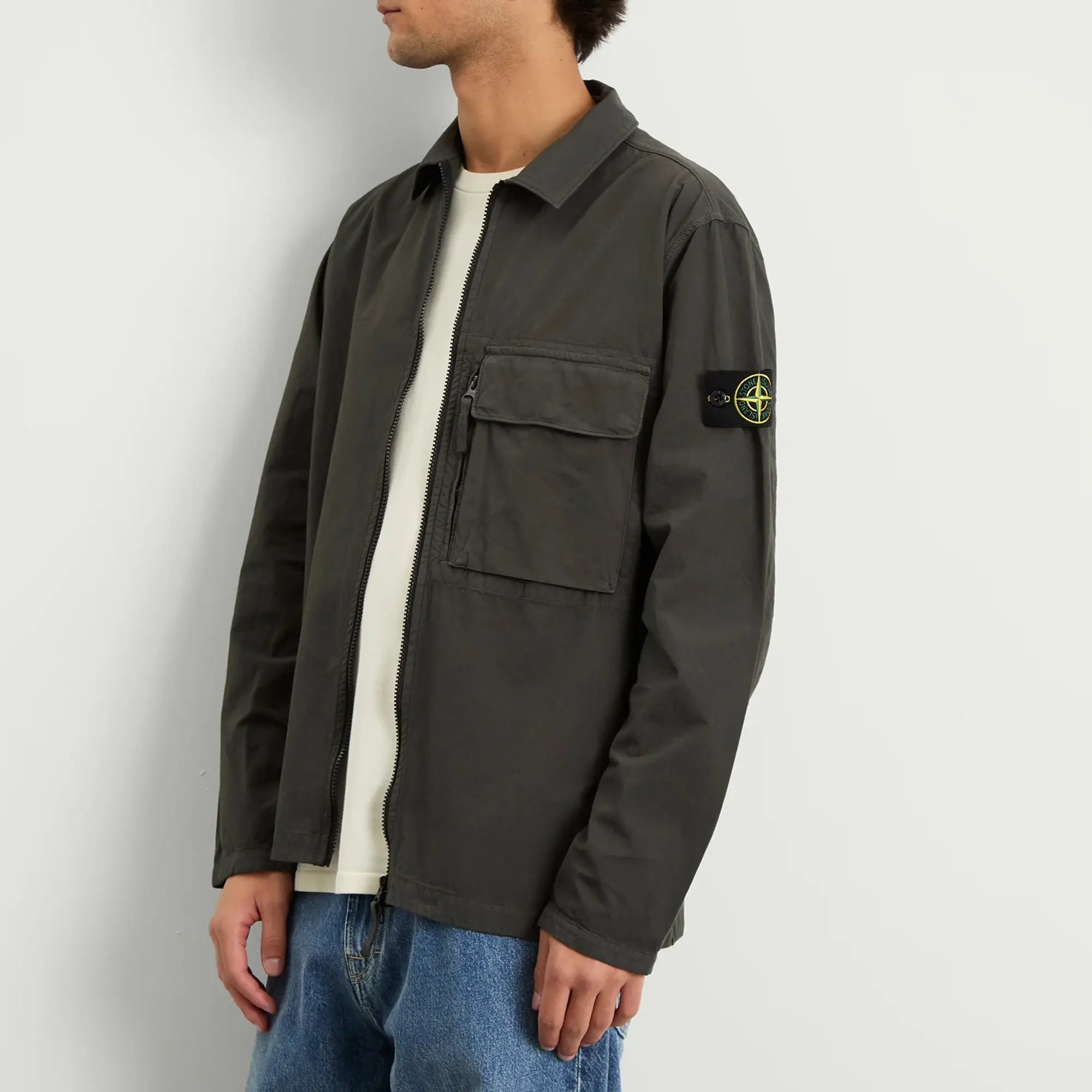Stone Island Men's Canvas Weave Cotton Zip Shirt Jacket Lead Grey