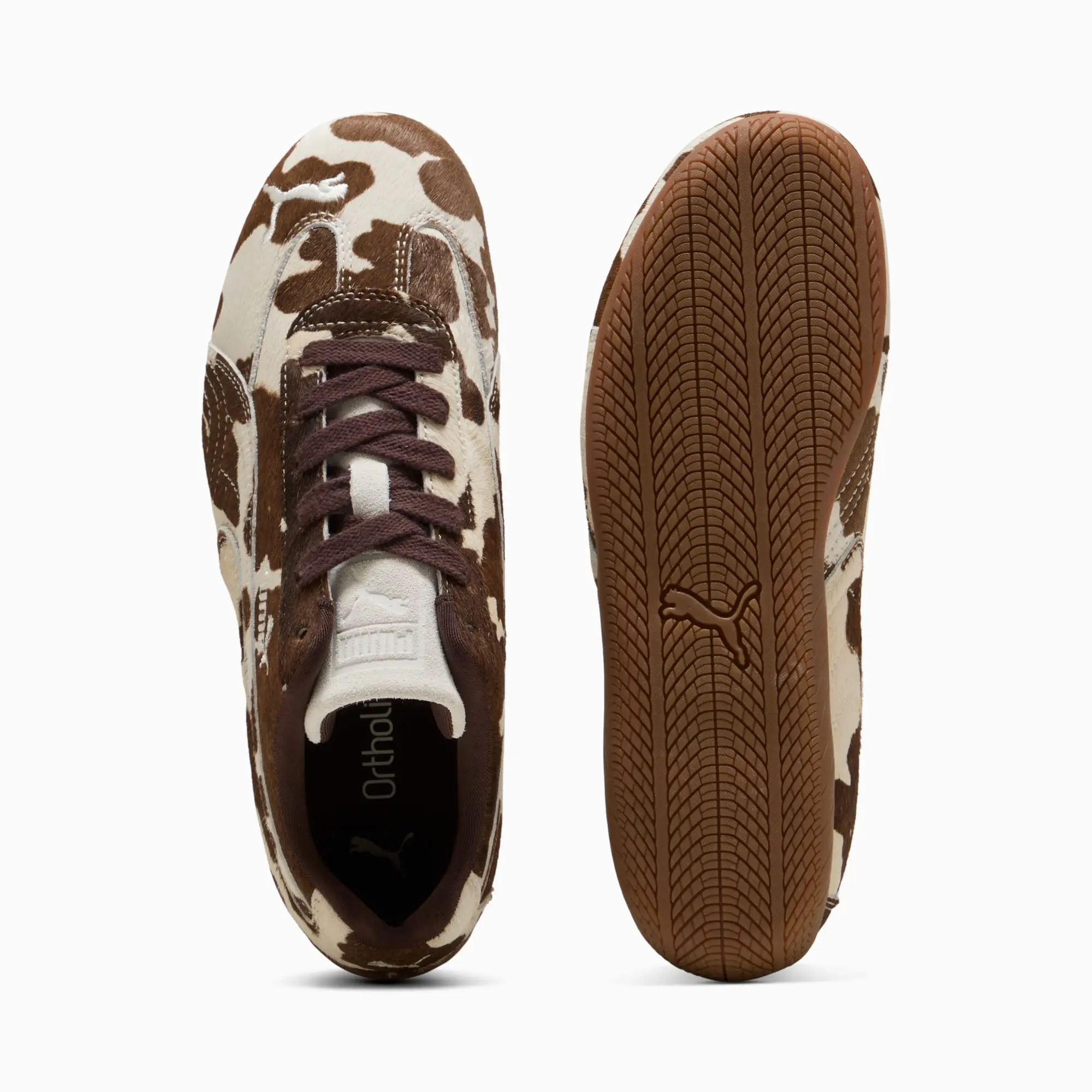 PUMA SpeedCat Cow Print Sneakers Women, Chocolate Brown/Gum, size 3