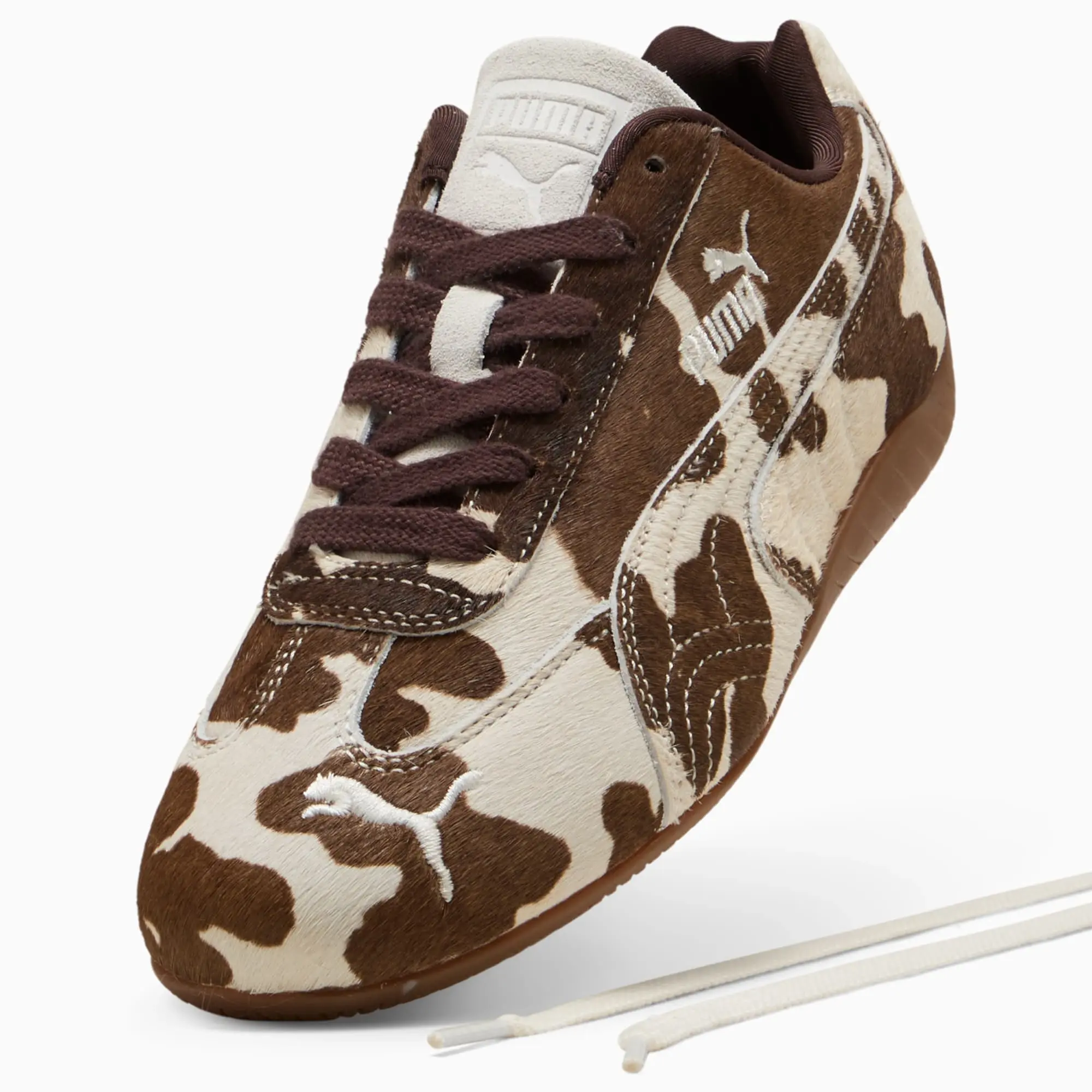 PUMA SpeedCat Cow Print Sneakers Women, Chocolate Brown/Gum, size 3