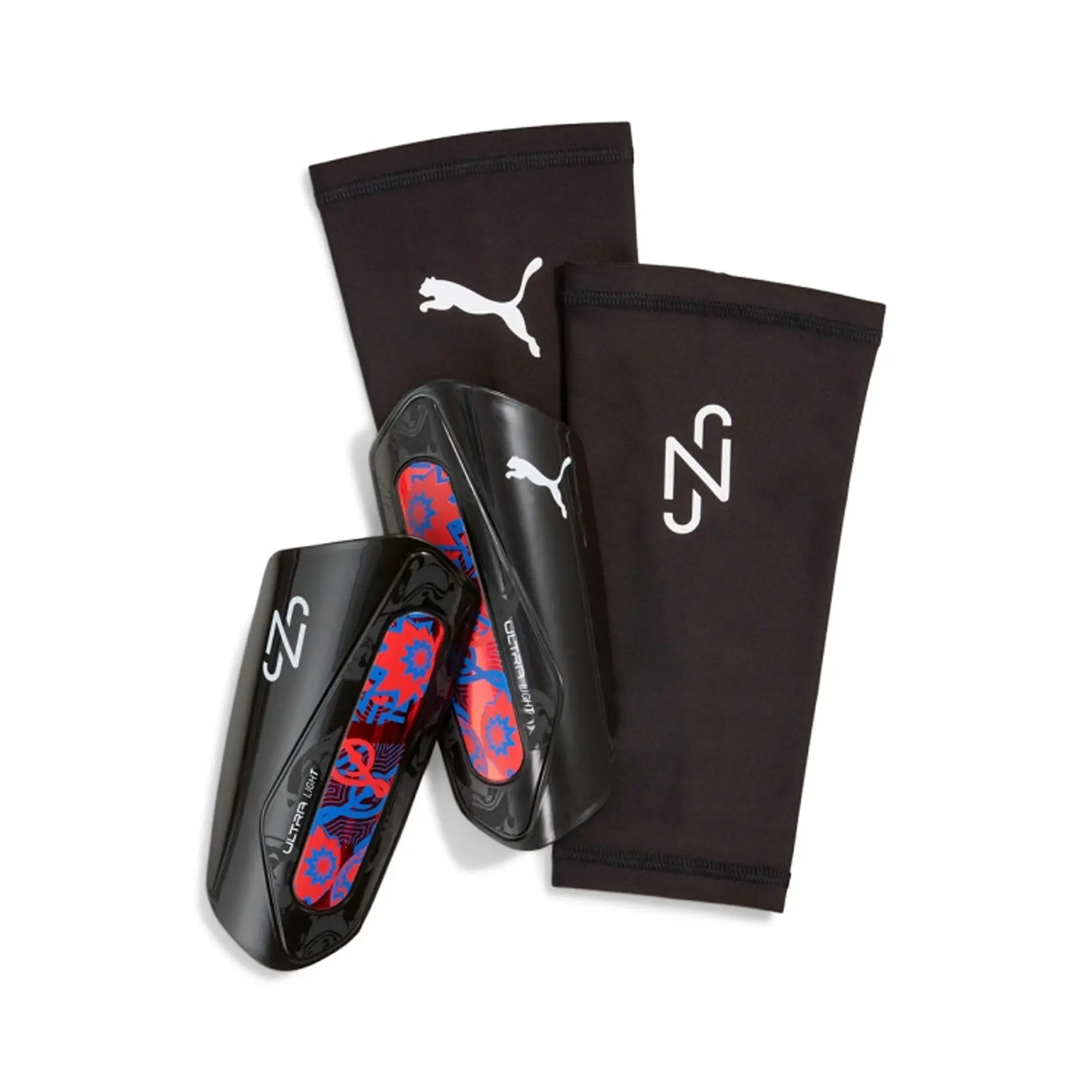 PUMA Neymar Jr Ultra Light Sleeve Football Shinguards, Black/Red/Ultra Blue, size Large