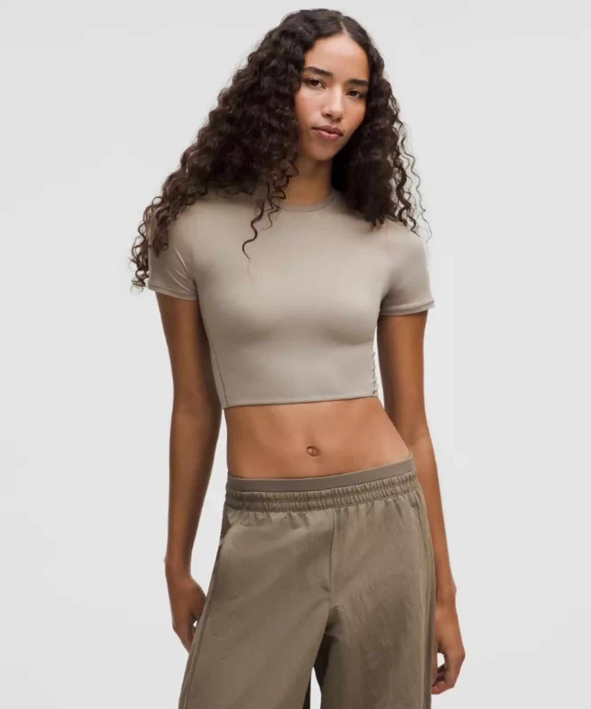 lululemon – Women's Wundermost Ultra-Soft Nulu Crewneck Cropped T-Shirt – Color Grey/Khaki – Size Small