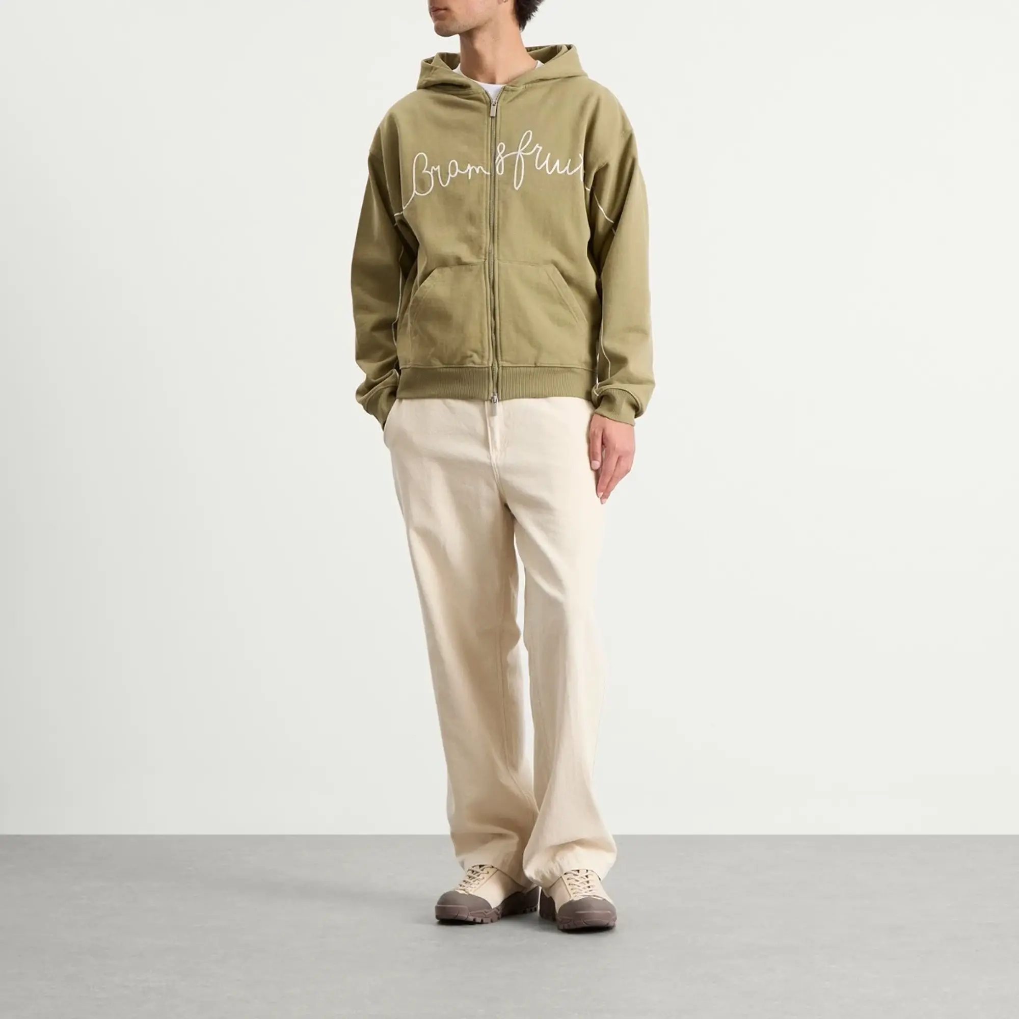 Bram's Fruit Men's Garden Hose Chain Stitch Zip Hoodie Solid Olive Green