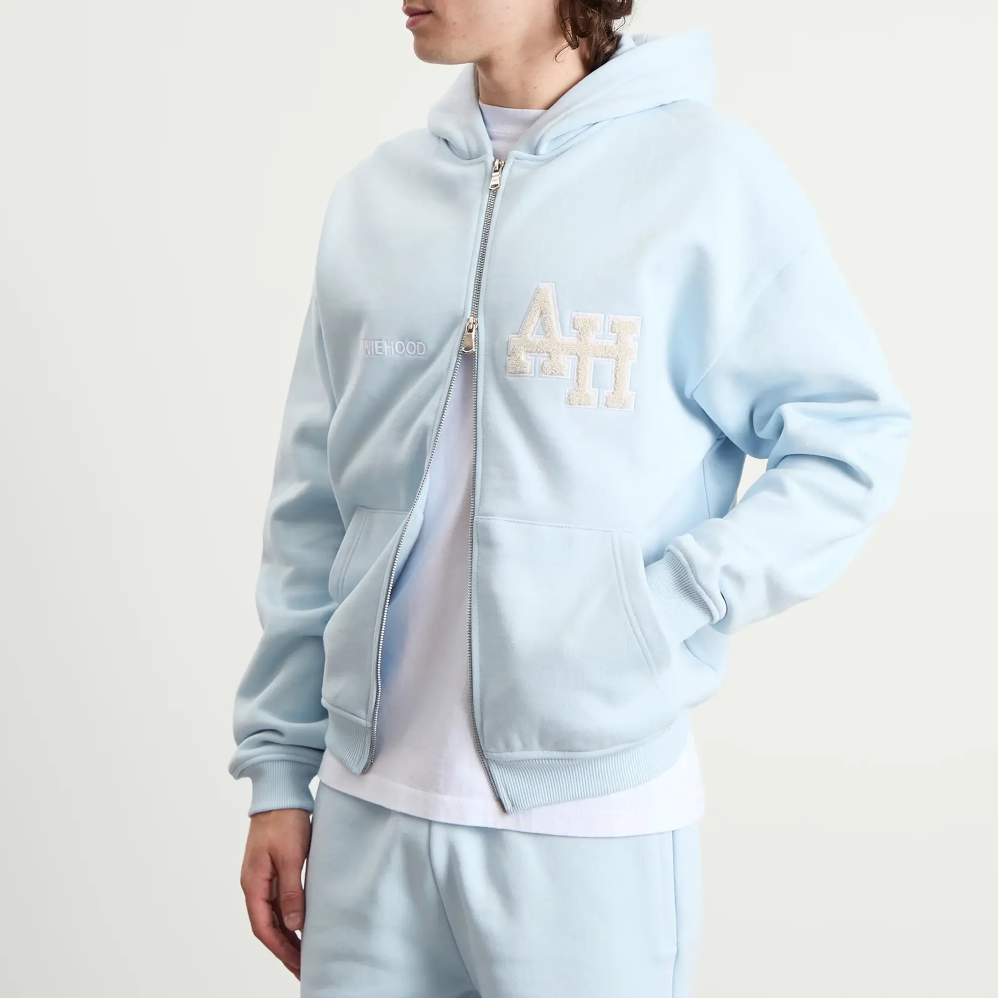 ANNIE HOOD Men's College Zip Hoodie Baby Blue/White