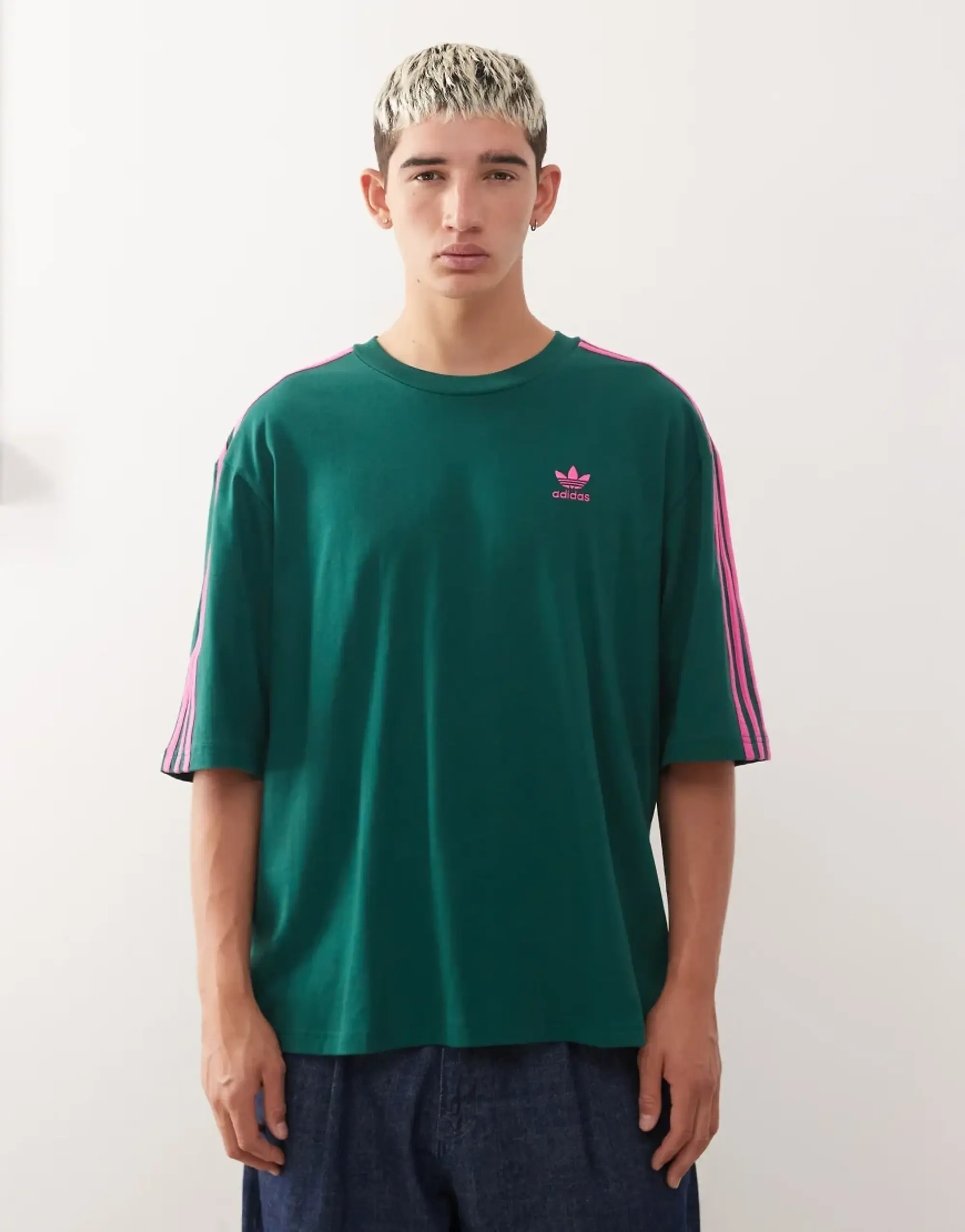 Adidas Originals 3 Stripe Oversized T-Shirt In Green And Pink