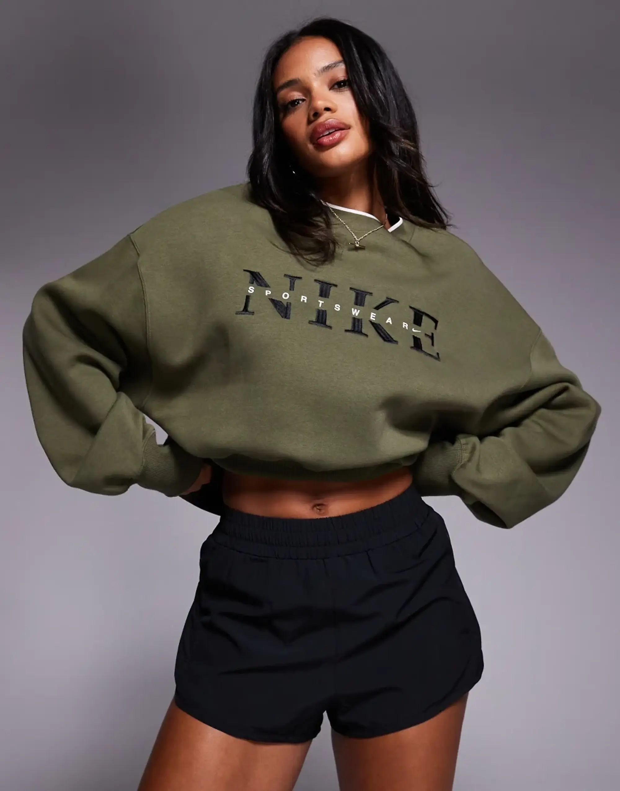 Nike Phoenix Fleece Gym Life Swoosh Logo Sweatshirt In Khaki-Green