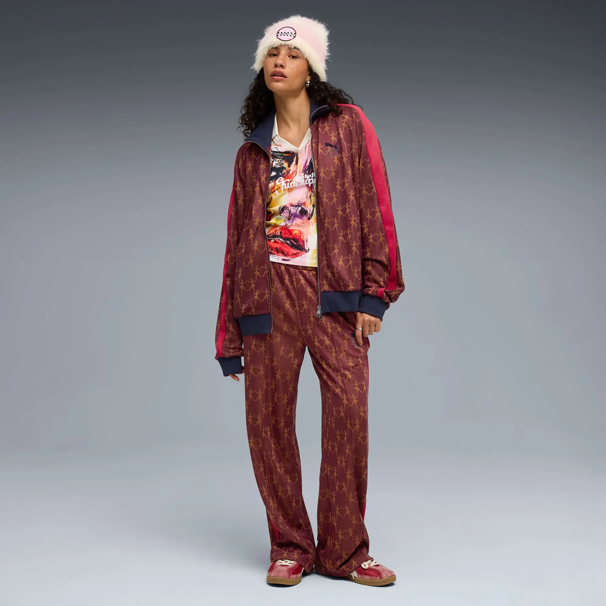 PUMA x Kidsuper T7 Pants Unisex, Ruby Shimmer/AOP, size Large