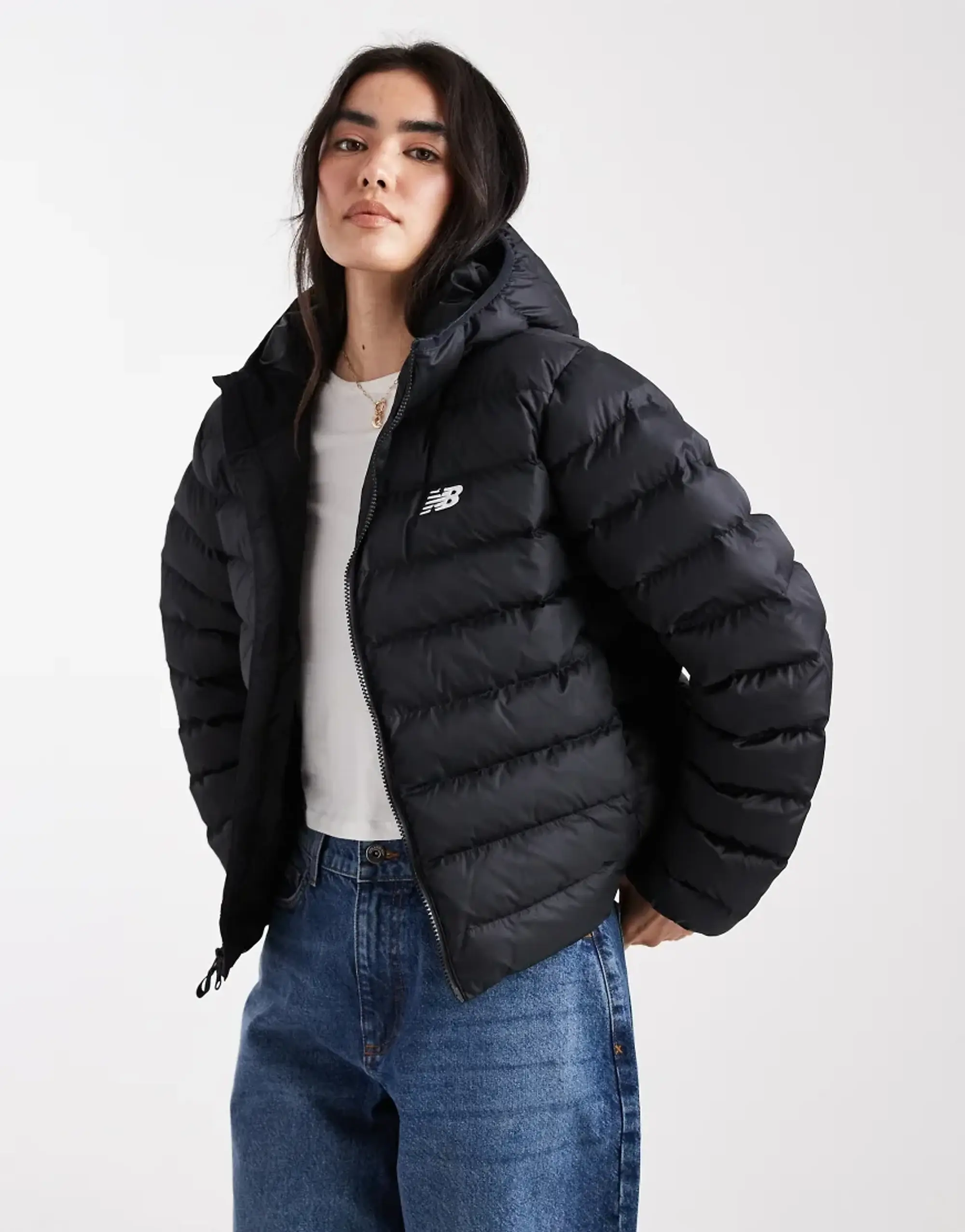New Balance Women's Sport Essentials Hooded Puffer Jacket in Black Polywoven
