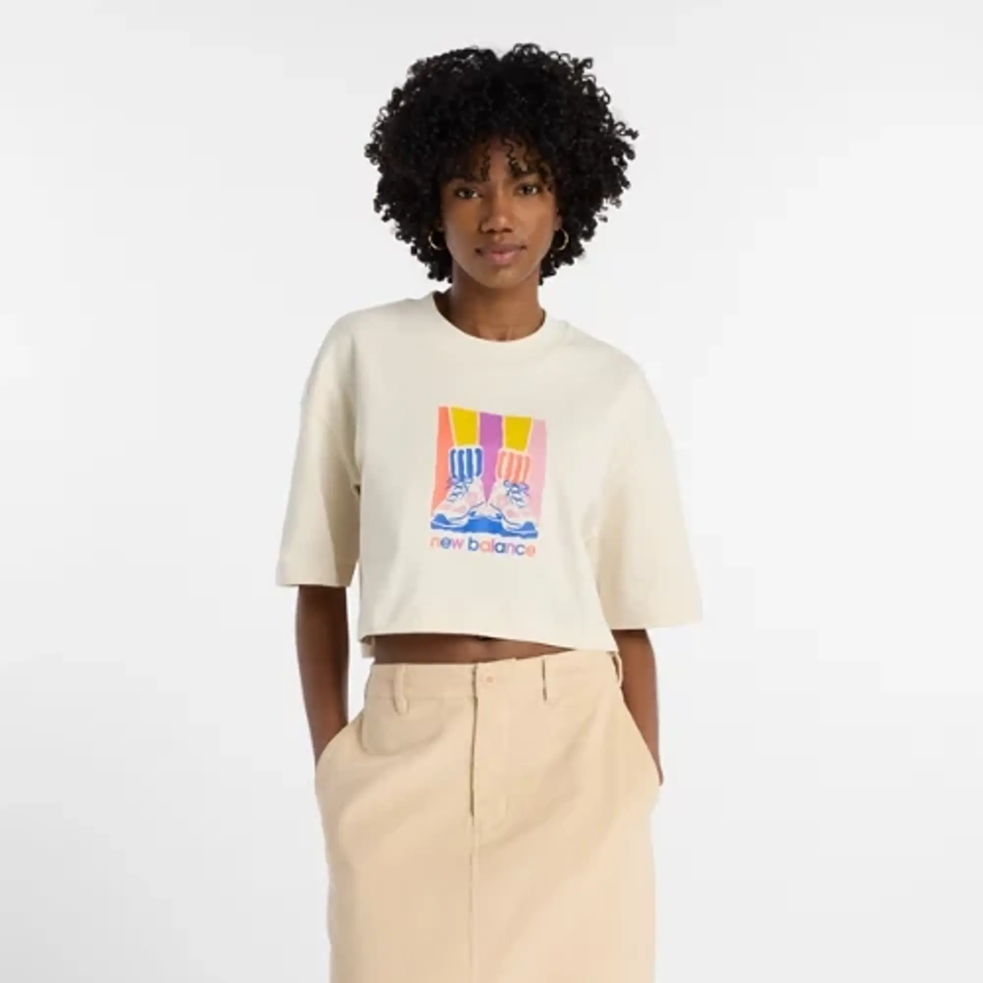 New Balance Women's Athletics Gradient Shoes T-Shirt in Beige Cotton