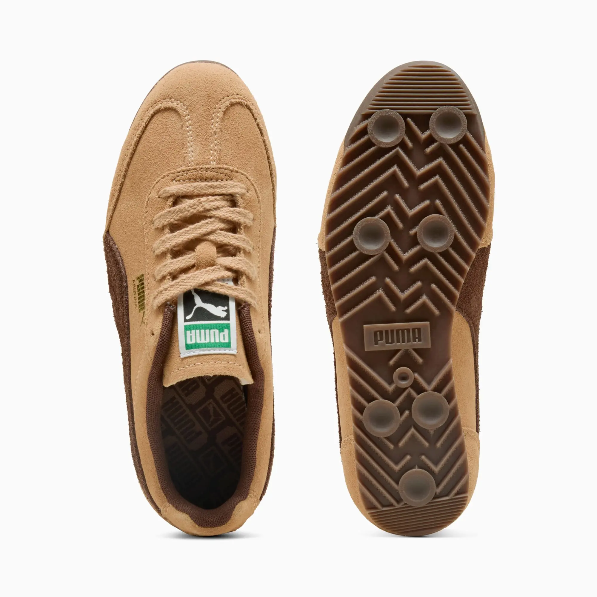 PUMA Arizona Suede Sneakers, Warm Beige/Chestnut Brown/Gold, size 10