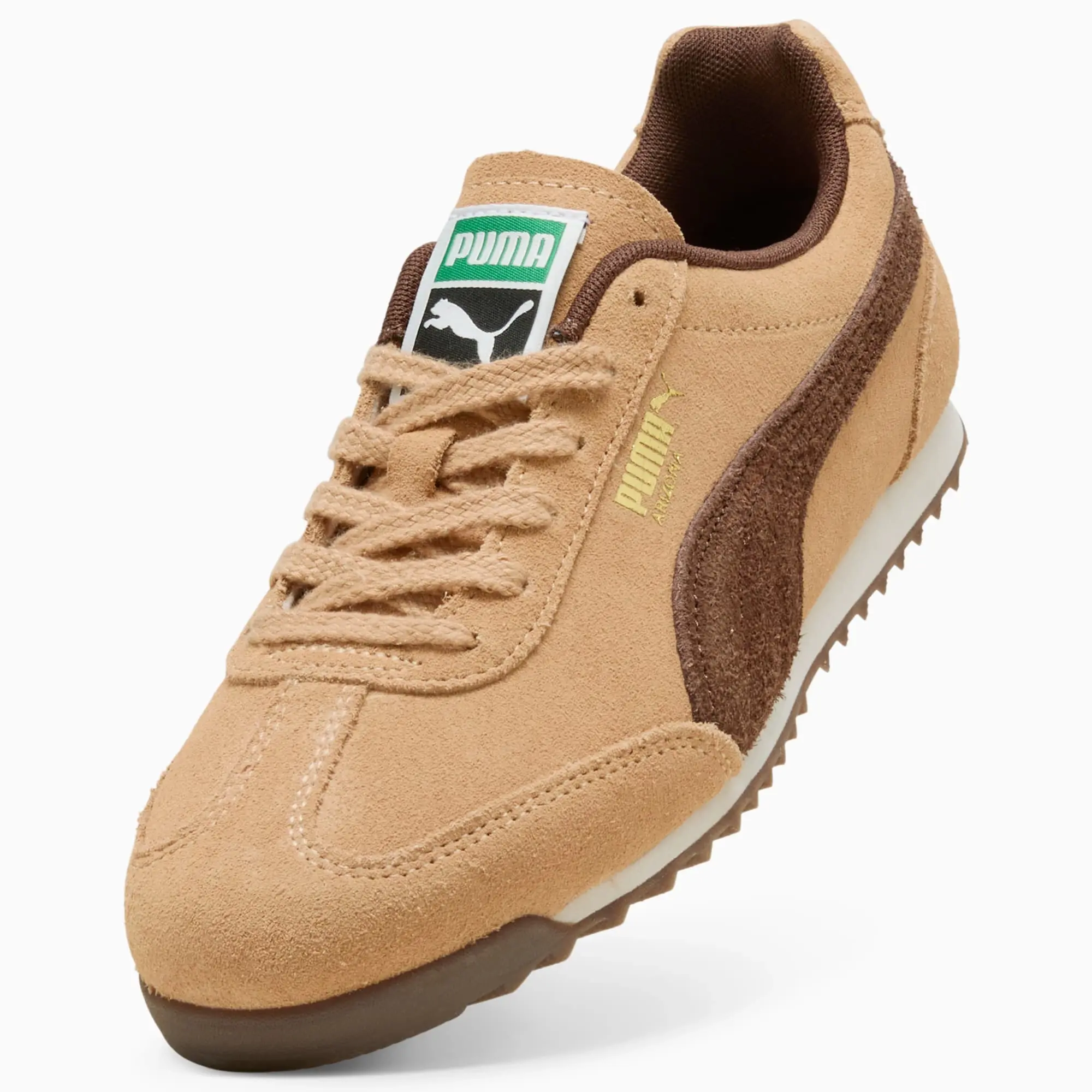 PUMA Arizona Suede Sneakers, Warm Beige/Chestnut Brown/Gold, size 10