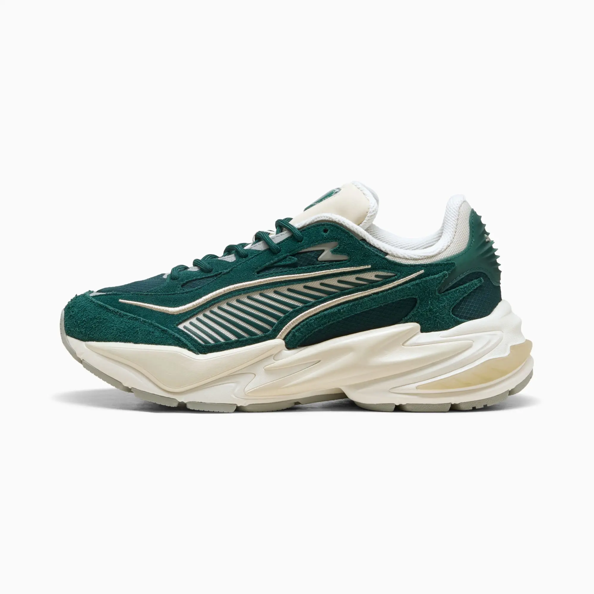PUMA RS Surge Hairy Suede Sneakers Unisex, Green Terrain/Alpine Snow, size 10