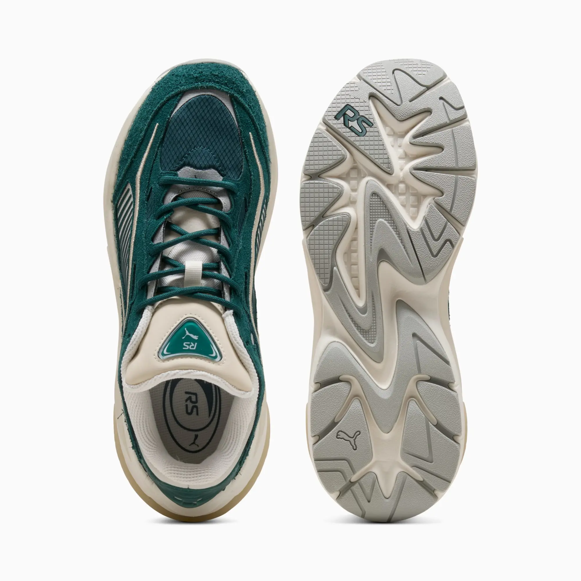 PUMA RS Surge Hairy Suede Sneakers Unisex, Green Terrain/Alpine Snow, size 10