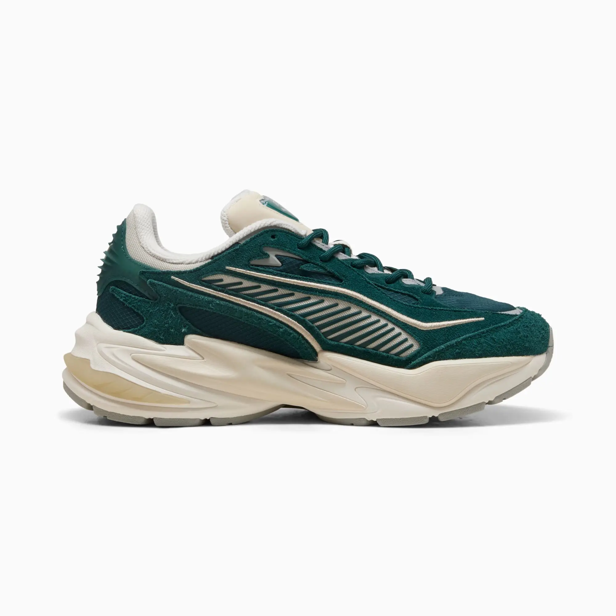 PUMA RS Surge Hairy Suede Sneakers Unisex, Green Terrain/Alpine Snow, size 10